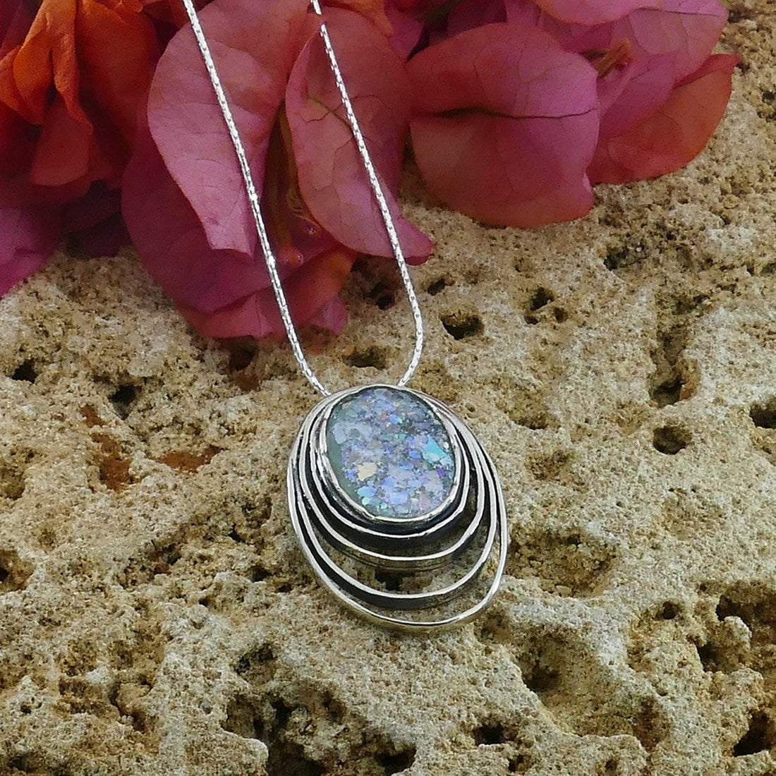 925 Silver Rope Chain Pendant with Roman Glass