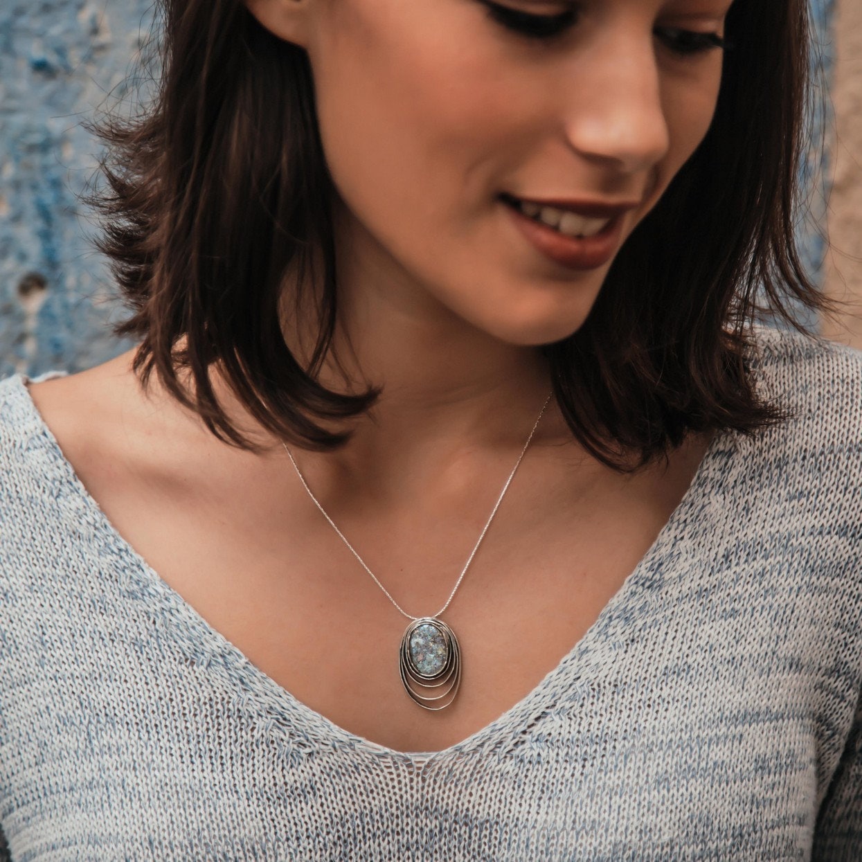 925 Silver Rope Chain Pendant with Roman Glass