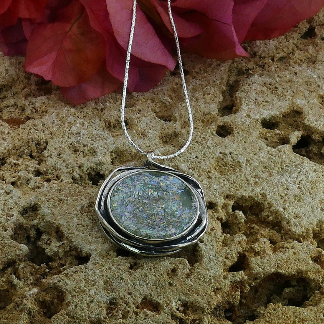 SPIRA 925 Sterling Silver Rope Chain Pendant with Ancient Roman Glass