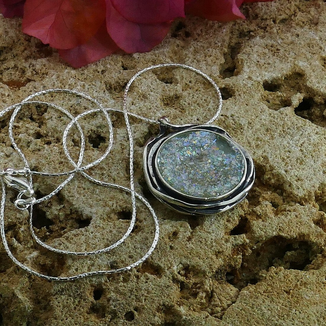 SPIRA 925 Sterling Silver Rope Chain Pendant with Ancient Roman Glass