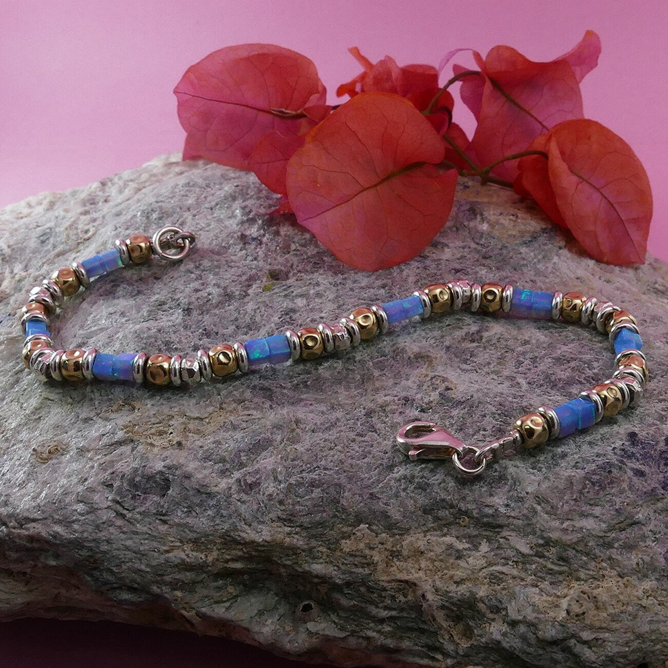 SPIRA Opal Bracelet Handcrafted Two Tone 925 Sterling Silver & 14k Yellow Gold Filled Blue Opal Beaded Stones Bracelet Fast N Free Shipping!
