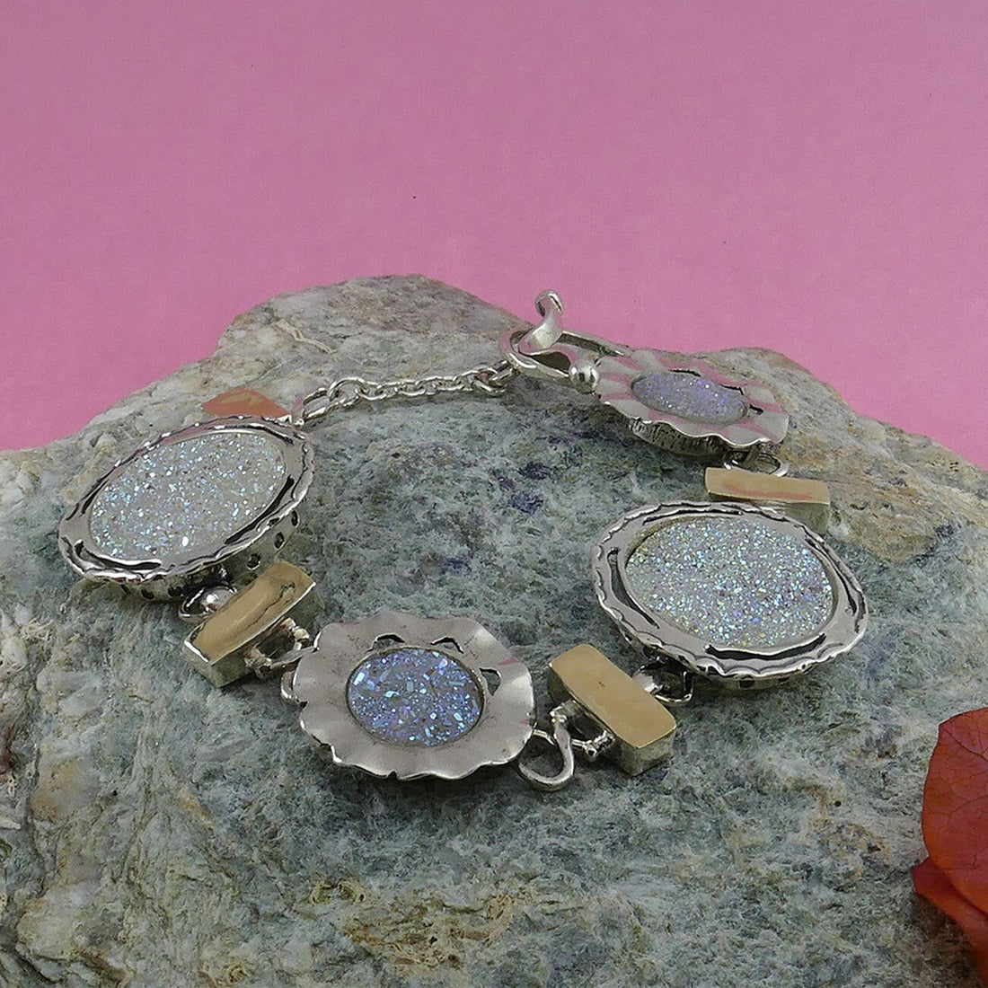 Handcrafted Two Tone Solid Mixed Metal Bracelet 9k Yellow Gold 925 Sterling Silver White Agate Druzy Stones Chain&Link Silver Gold Bracelet