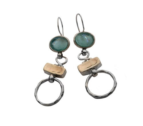SPIRA Handcrafted Unique Long Dangle Earrings with Green Roman Glass, Gold & Silver