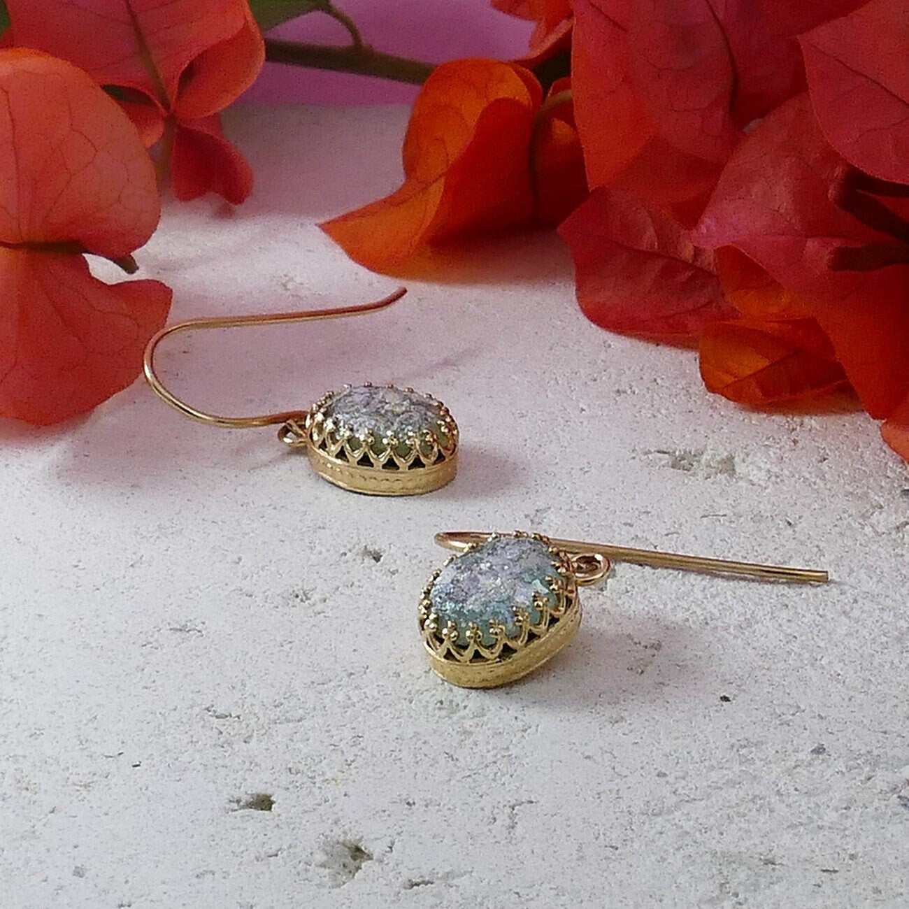 SPIRA Handcrafted Green Roman Glass Stone 14k Yellow Gold Filled Drop/Dangle Earrings Fast Shipping! Ancient Roman Glass Everyday earrings