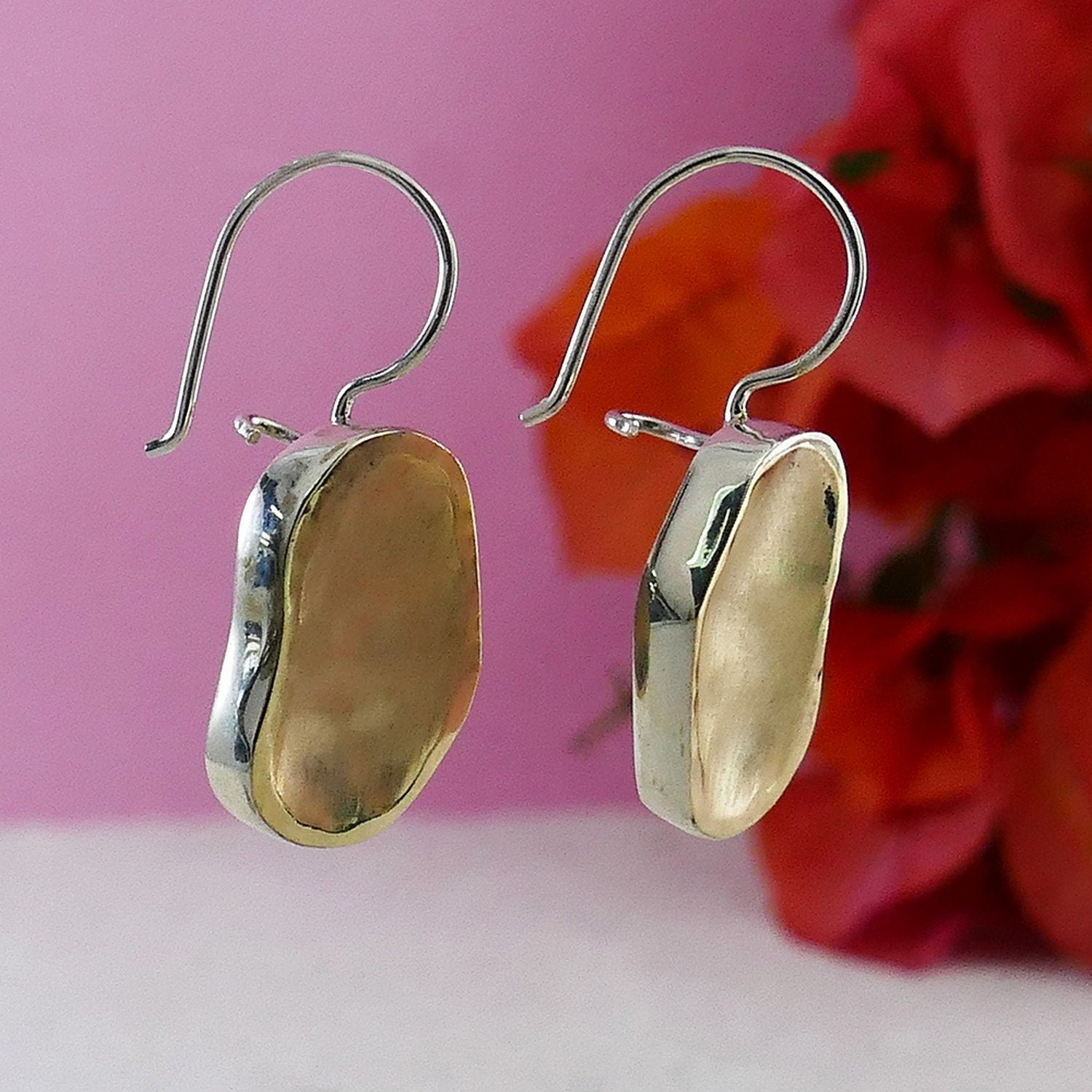 Unique Handcrafted Contemporary Design Two Tone Solid 9k Yellow Gold And 925 Sterling Silver Dangle Earrings Fast&Free Shipping!