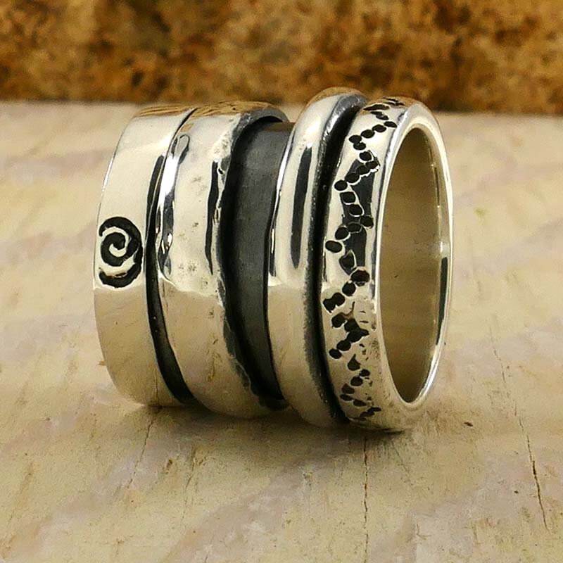SPIRA Handcrafted Contemporary Design Two Tone Solid 9k Yellow Gold & 925 Sterling Silver Spinner Ring,Gypsy ring,Bohemian ring, Hippie ring