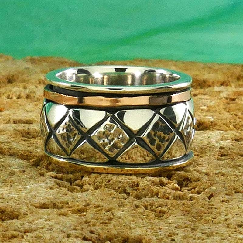 SPIRA Handcrafted Contemporary Design Two Tone Solid 9k Yellow/Rose Gold & 925 Sterling Silver Spinner Ring, Unique Gypsy ring,Bohemian ring