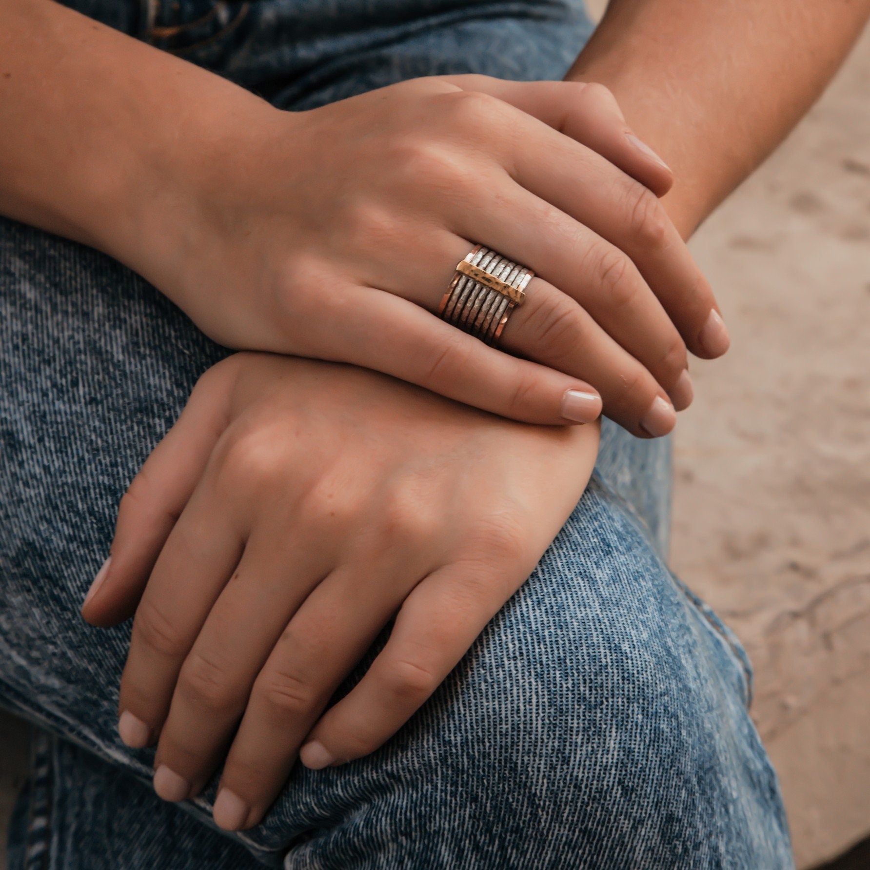 SPIRA Handcrafted Unique Mixed metal ring Two Tone Solid 9k Yellow & Rose Gold And 925 Sterling Silver Stackable Ring, Large ring Gypsy ring