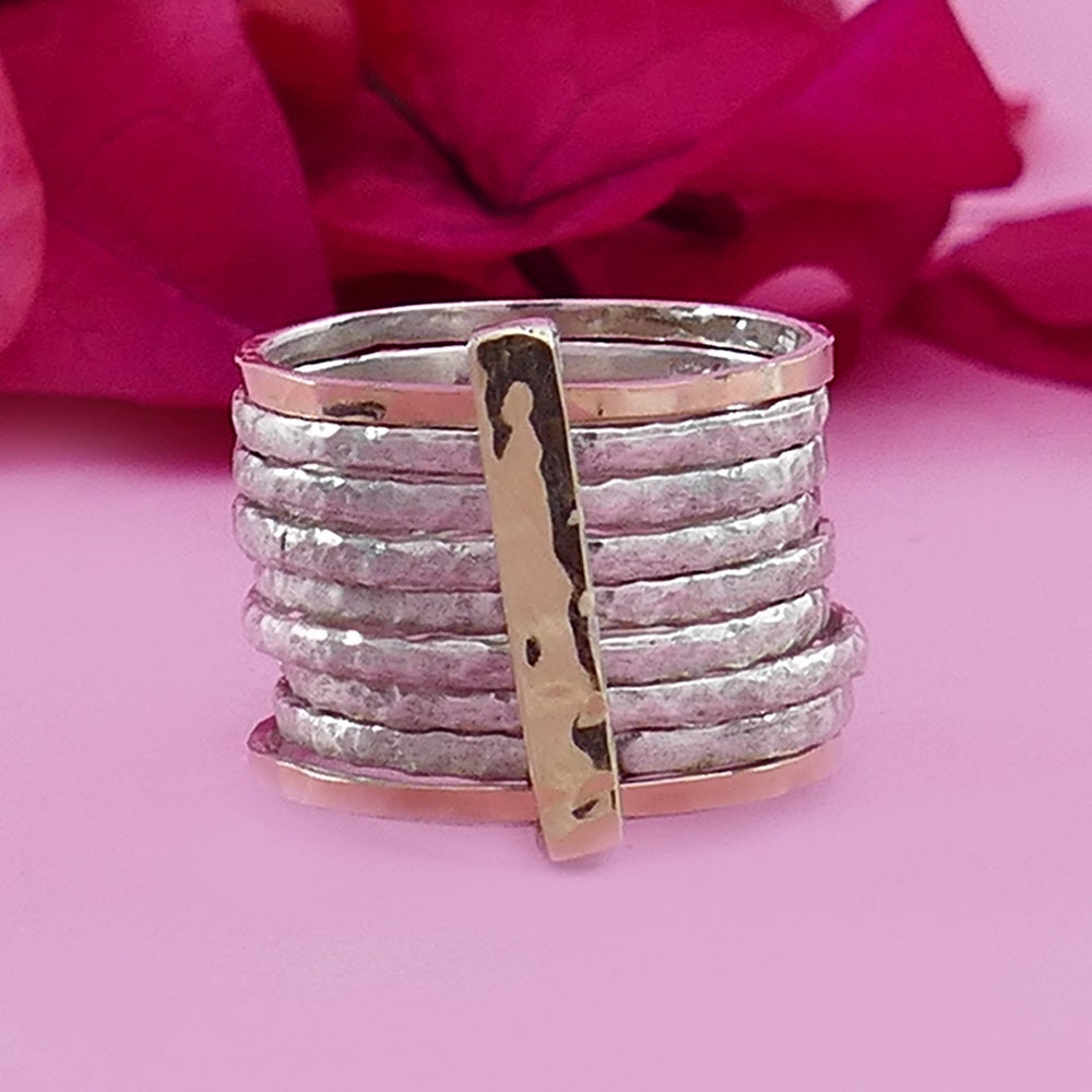 SPIRA Handcrafted Unique Mixed metal ring Two Tone Solid 9k Yellow & Rose Gold And 925 Sterling Silver Stackable Ring, Large ring Gypsy ring
