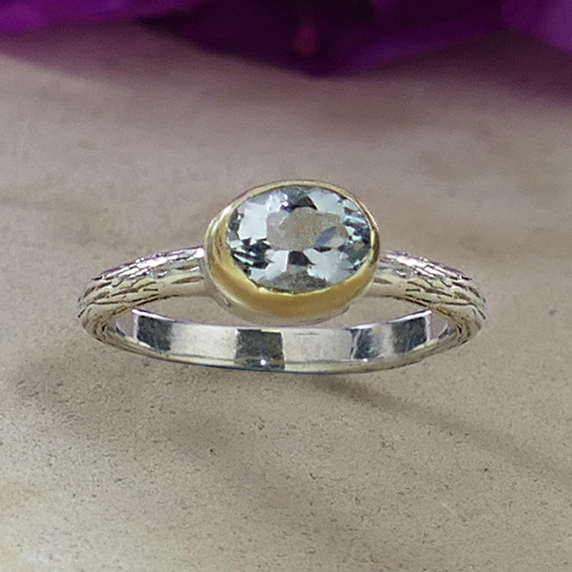 Blue Topaz Mixed Metal Ring 1.7 Carat Natural Blue Topaz Gemstone Two Tone Solid 9k Yellow Gold&925 Sterling Silver Solitaire Ring Gemstone