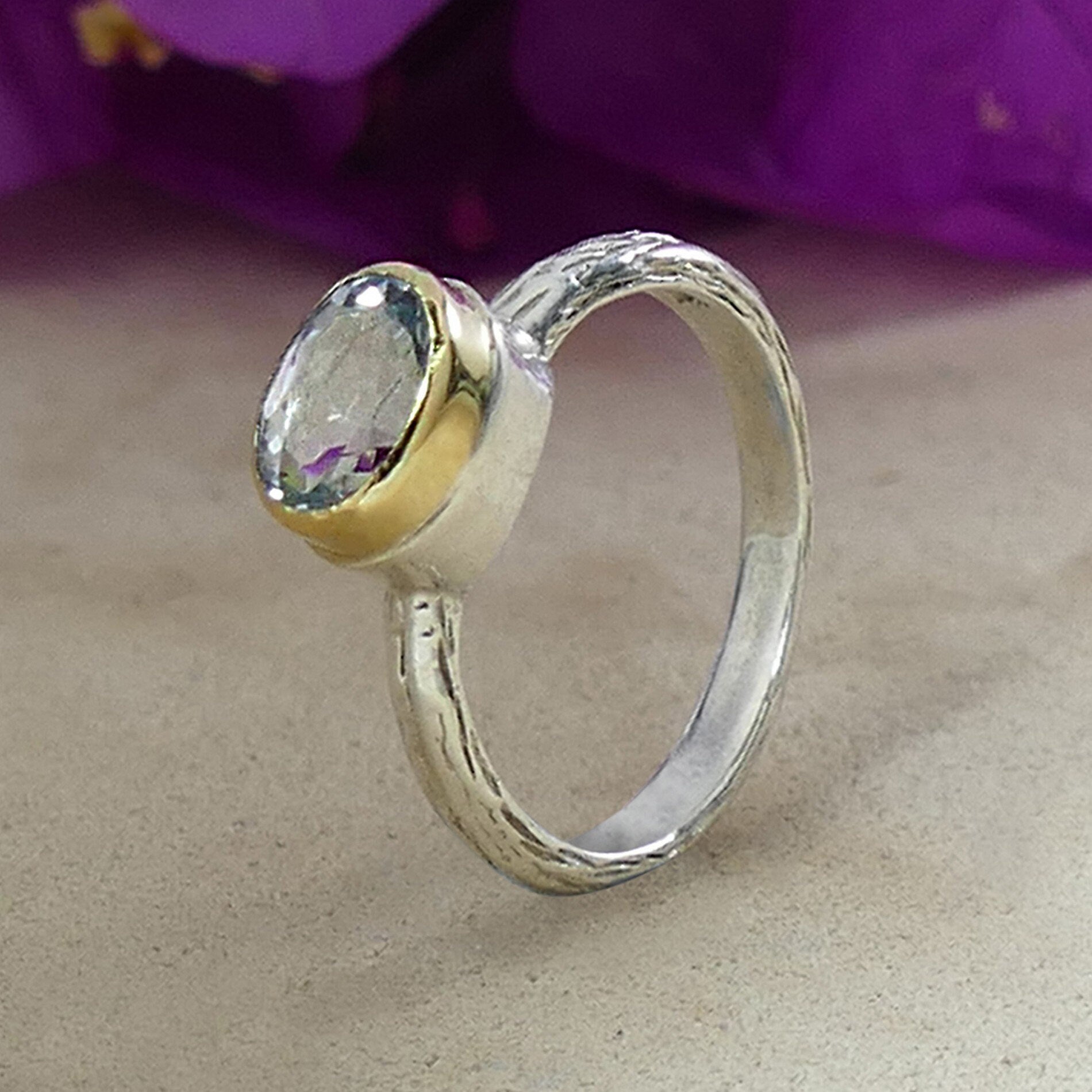 Blue Topaz Mixed Metal Ring 1.7 Carat Natural Blue Topaz Gemstone Two Tone Solid 9k Yellow Gold&925 Sterling Silver Solitaire Ring Gemstone