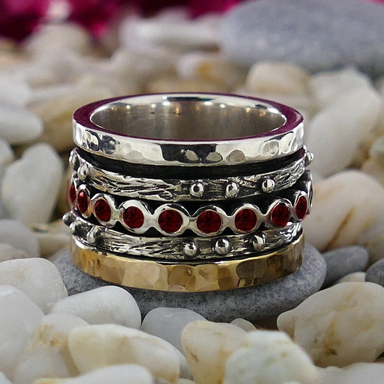 Natural Red Garnet Gemstone Ring, 1.6 Carat Mixed Metal Two Tone Ring, Spinner Ring in 9k Gold and Sterling Silver