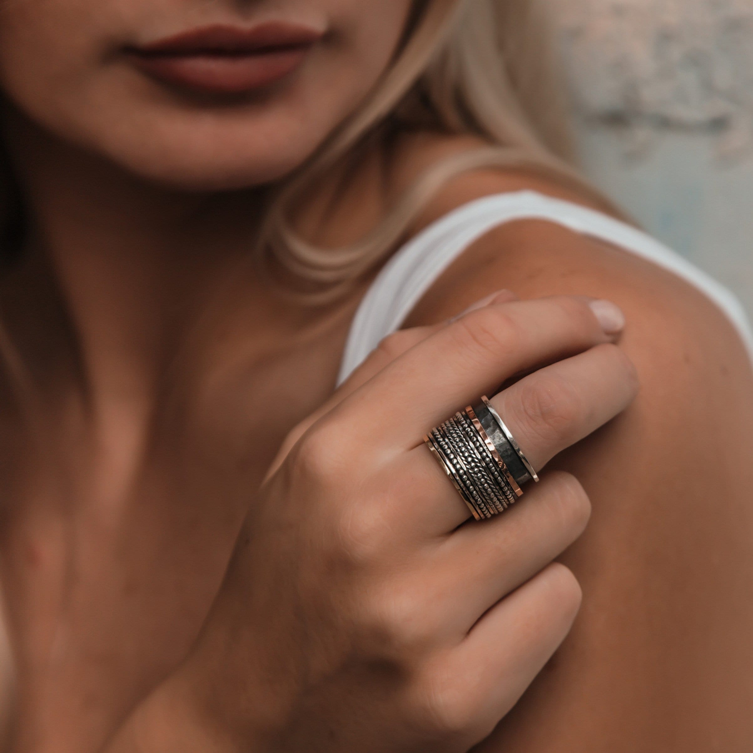 SPIRA Handcrafted Vintage Design Two Tone Solid 9k Yellow & Rose Gold and 925 Sterling Silver Spinner Ring, Gypsy ring, Oxidized Fidget ring