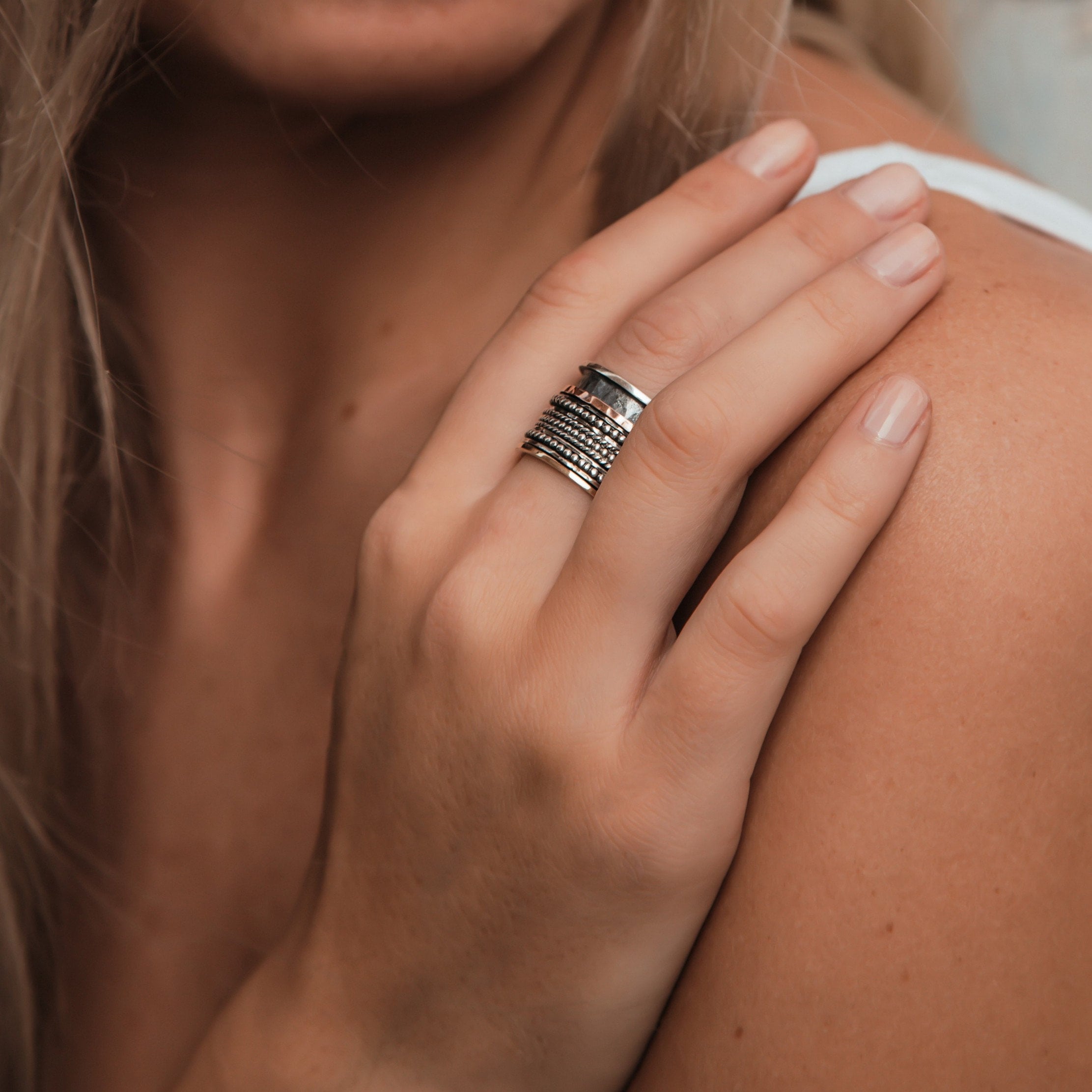 SPIRA Handcrafted Vintage Design Two Tone Solid 9k Yellow & Rose Gold and 925 Sterling Silver Spinner Ring, Gypsy ring, Oxidized Fidget ring