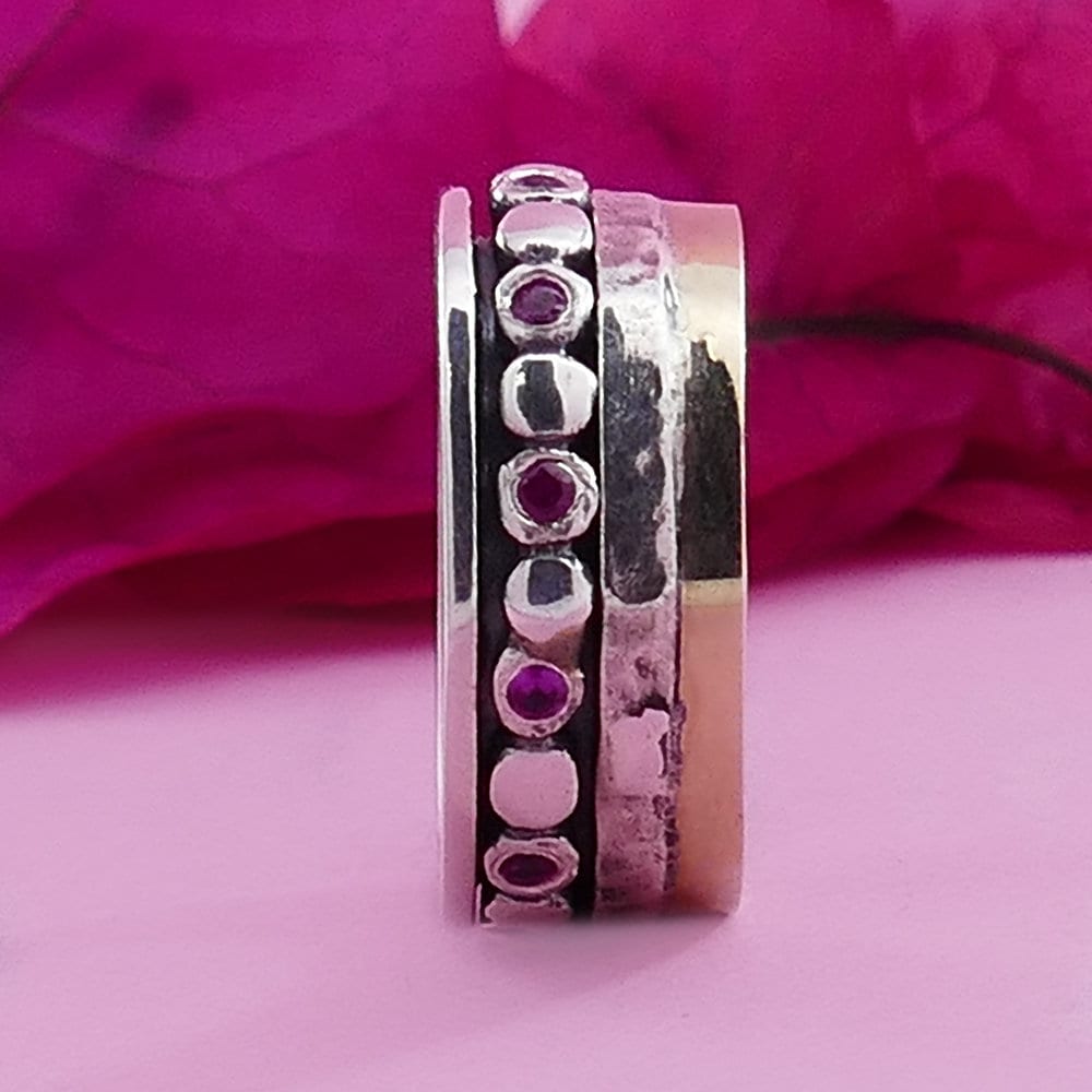 0.8 Carat Natural Red Ruby Gemstone Two Tone Solid 9k Yellow Gold & 925 Sterling Silver Spinner Ring Set Setting, Gemstone ring, worry ring