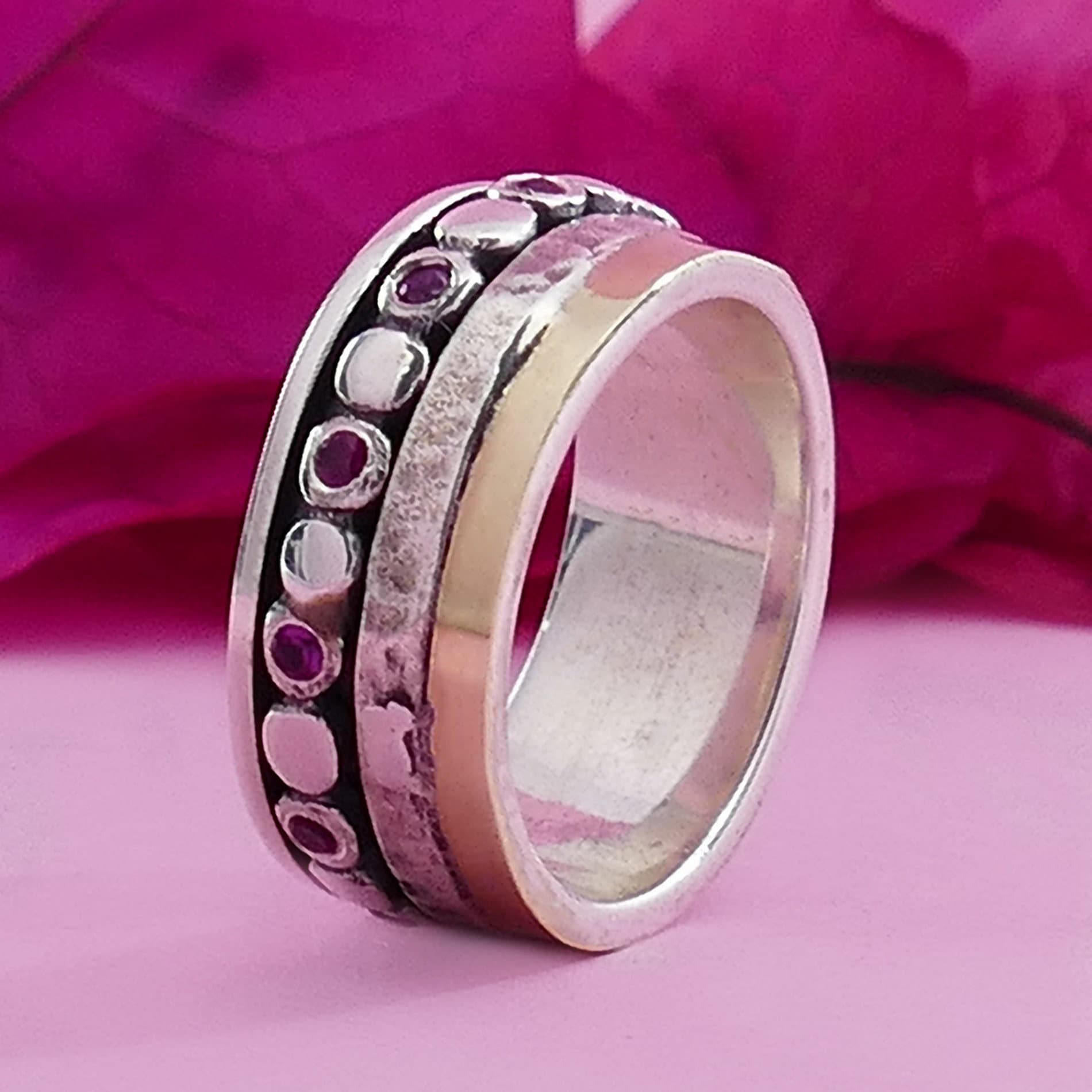 0.8 Carat Natural Red Ruby Gemstone Two Tone Solid 9k Yellow Gold & 925 Sterling Silver Spinner Ring Set Setting, Gemstone ring, worry ring
