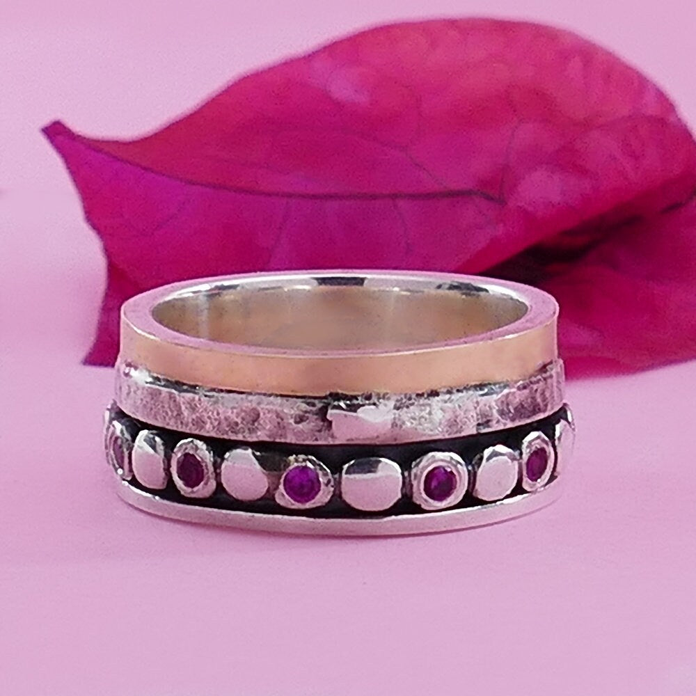 0.8 Carat Natural Red Ruby Gemstone Two Tone Solid 9k Yellow Gold & 925 Sterling Silver Spinner Ring Set Setting, Gemstone ring, worry ring