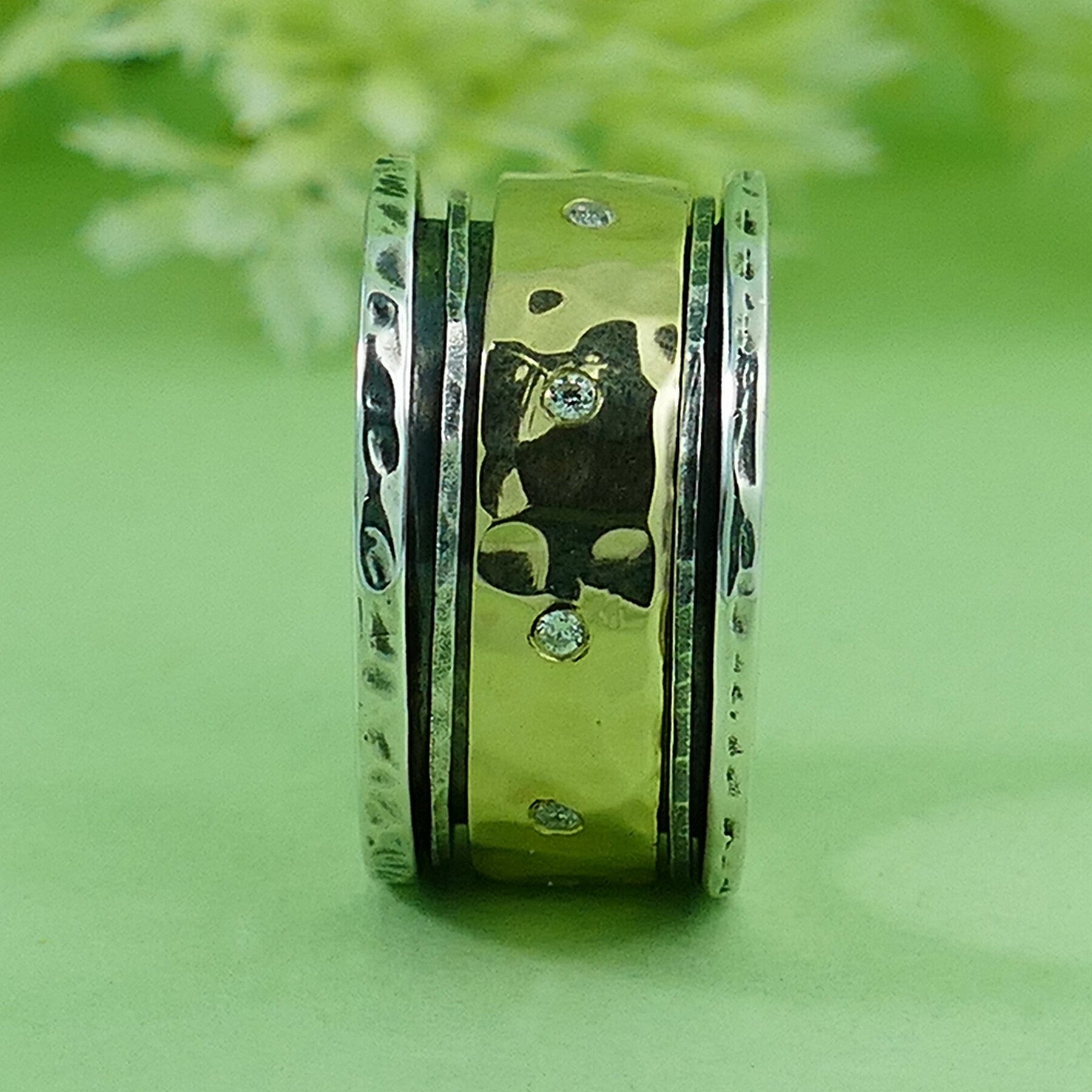 Mixed Metal Ring Cubic Zirconia Stone Two Tone Solid 9k Yellow Gold & 925 Sterling Silver Spinner Ring Set Setting, Gypsy ring,Bohemian ring