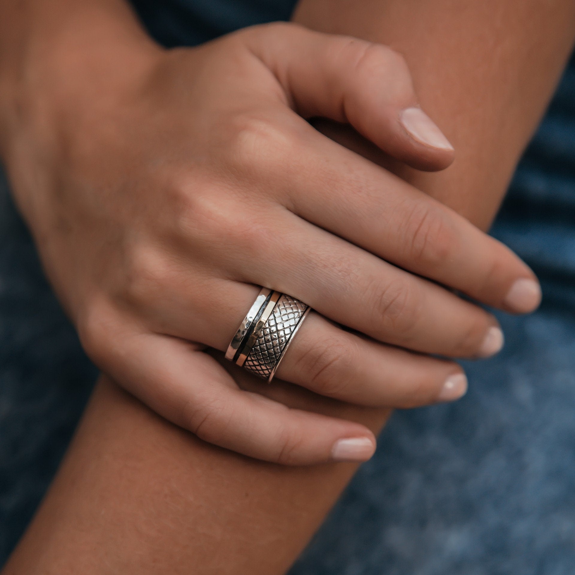 SPIRA Handcrafted Contemporary Design Two Tone Solid 9k Yellow Gold&925 Sterling Silver Spinner Ring,Oxidized Silver Fidget ring,worry ring