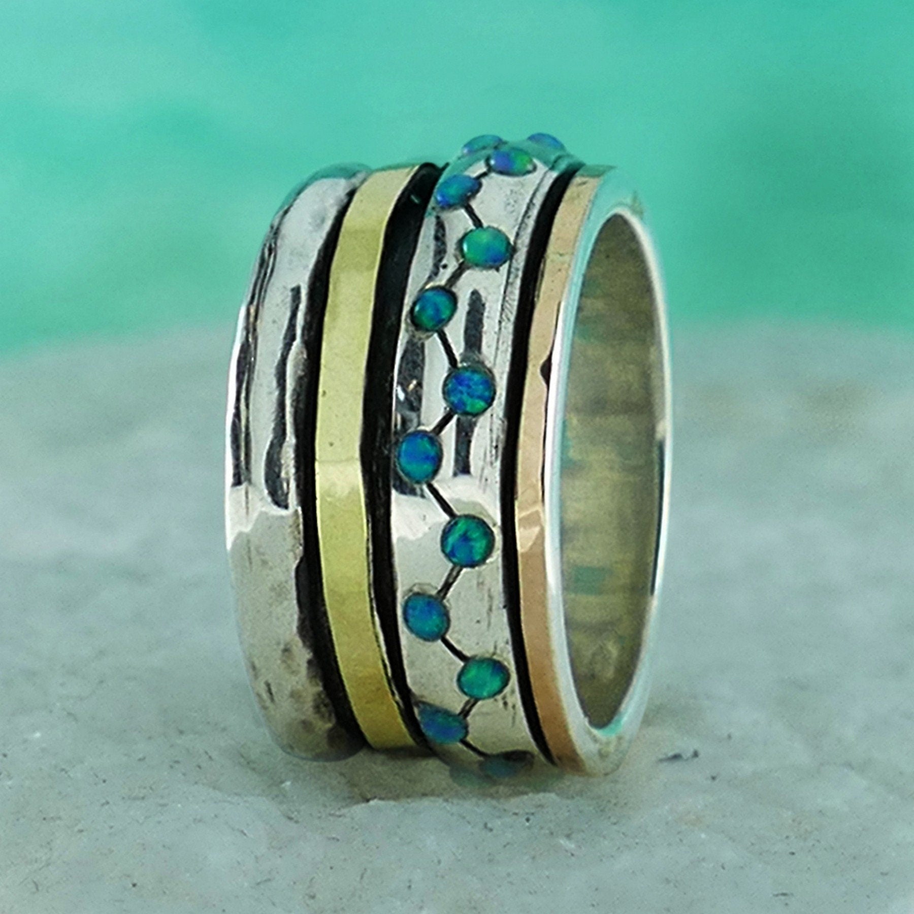 Two Tone Solid 9k Yellow & Rose Gold 925 Sterling Silver Spinner Ring 0.6 Carat Blue Opal Stone Setting,Bohemian ring,Hippie ring,Boho ring