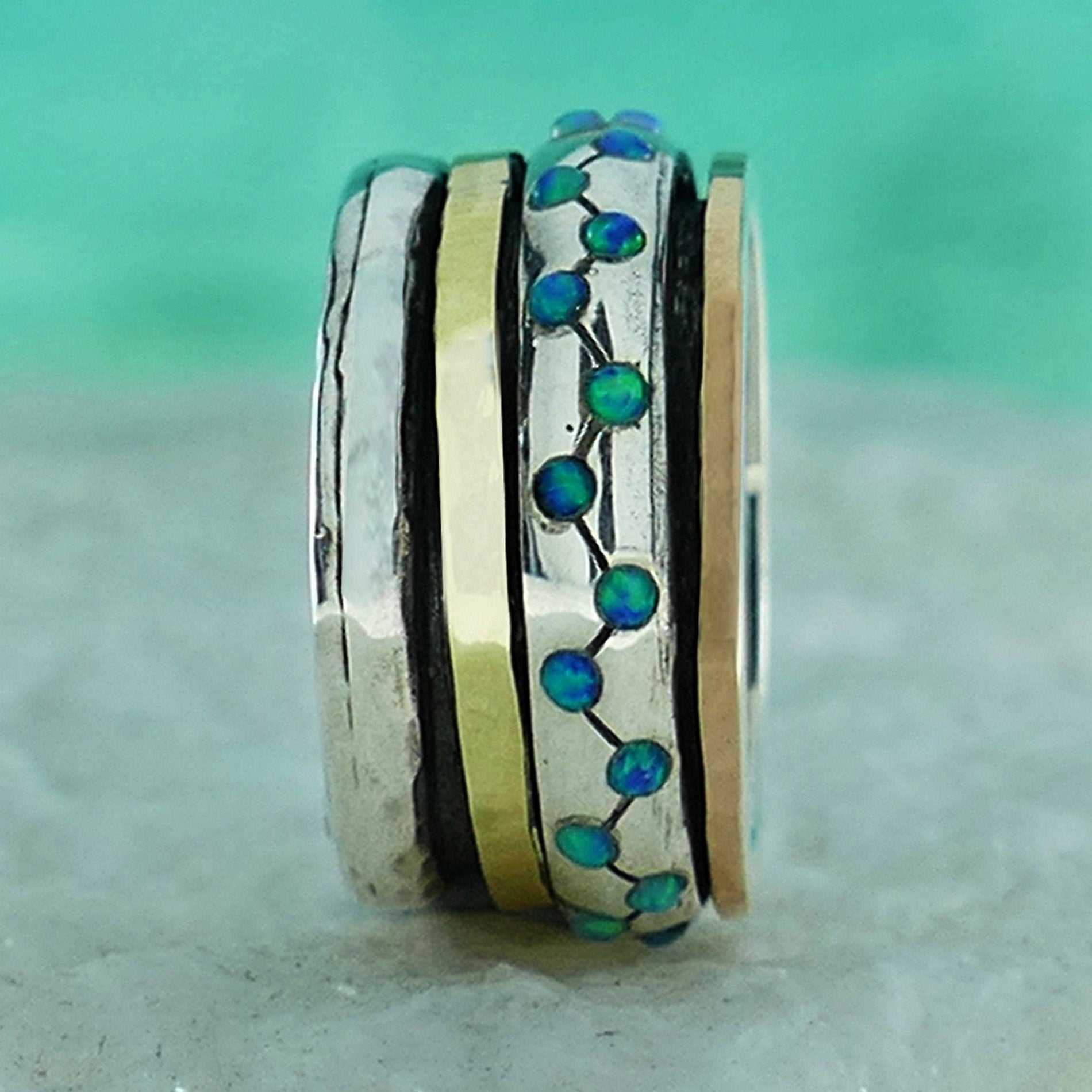Two Tone Solid 9k Yellow & Rose Gold 925 Sterling Silver Spinner Ring 0.6 Carat Blue Opal Stone Setting,Bohemian ring,Hippie ring,Boho ring