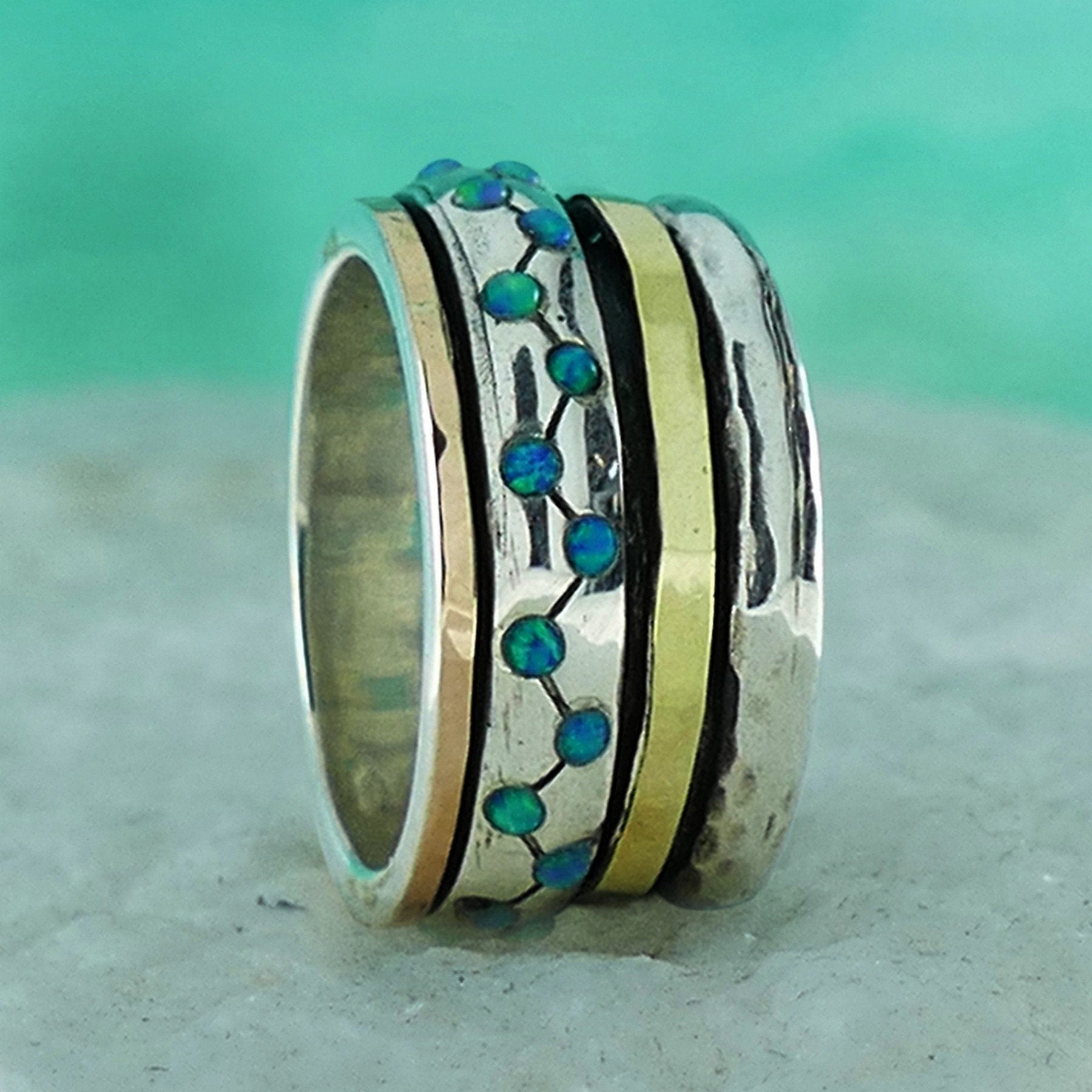 Two Tone Solid 9k Yellow & Rose Gold 925 Sterling Silver Spinner Ring 0.6 Carat Blue Opal Stone Setting,Bohemian ring,Hippie ring,Boho ring