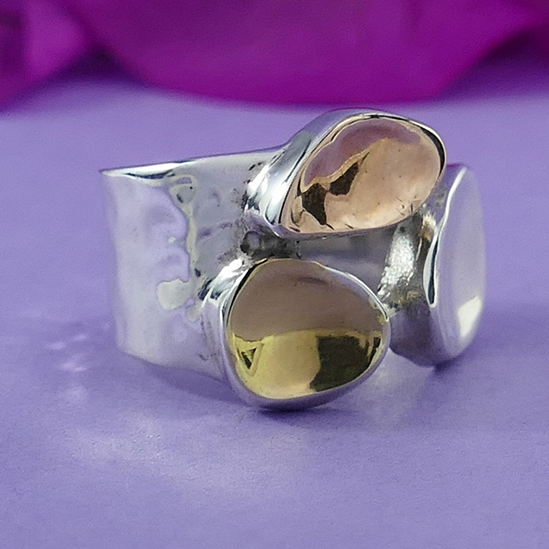 Handmade Two Tone Solid Statement Ring 9 karat Yellow & Rose Gold And 925 Sterling Silver