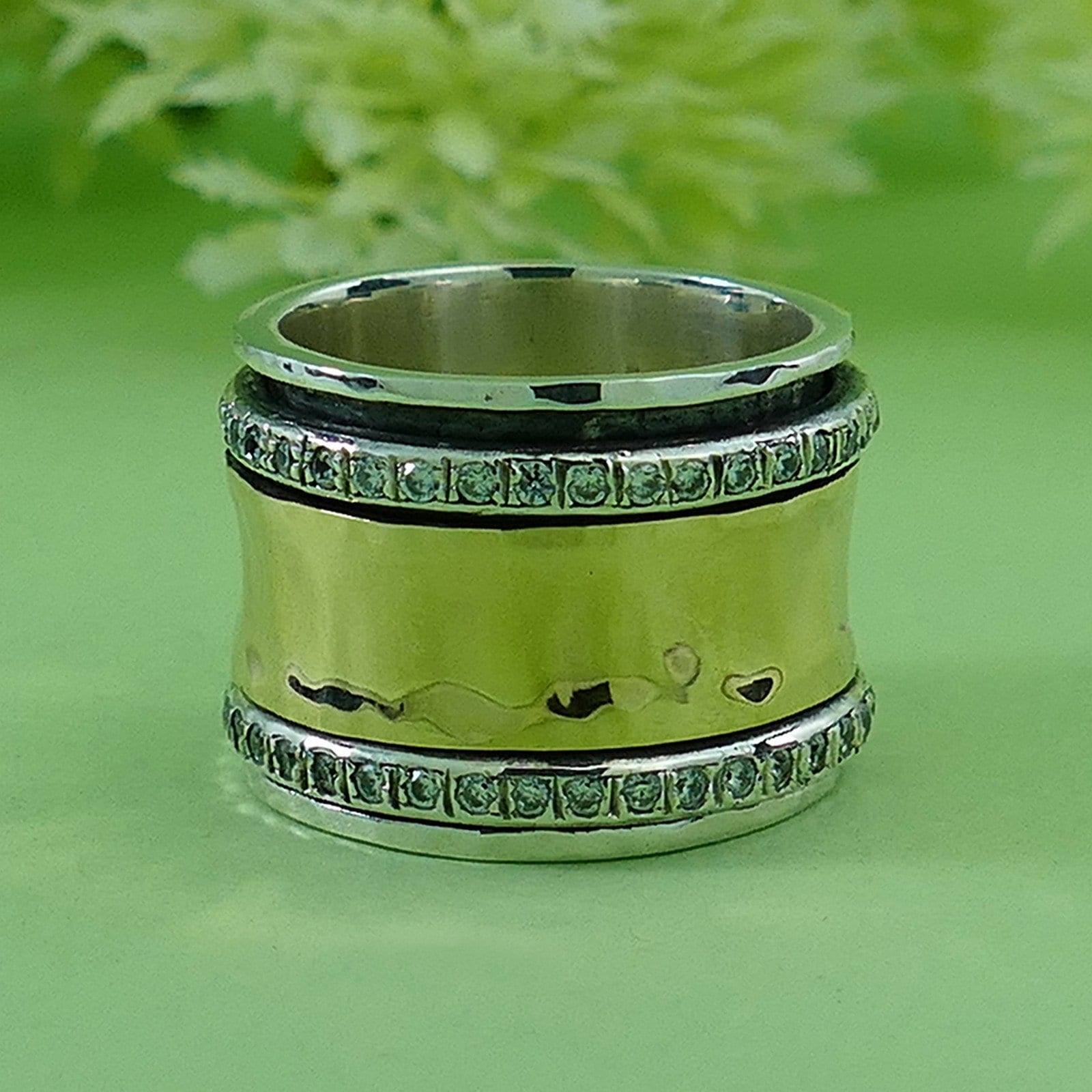 Unique Mixed Metal Spinner Ring White Cubic Zirconia Stone Two Tone Solid 9k Yellow Gold & 925 Sterling Silver Set,Gypsy ring, Bohemian ring