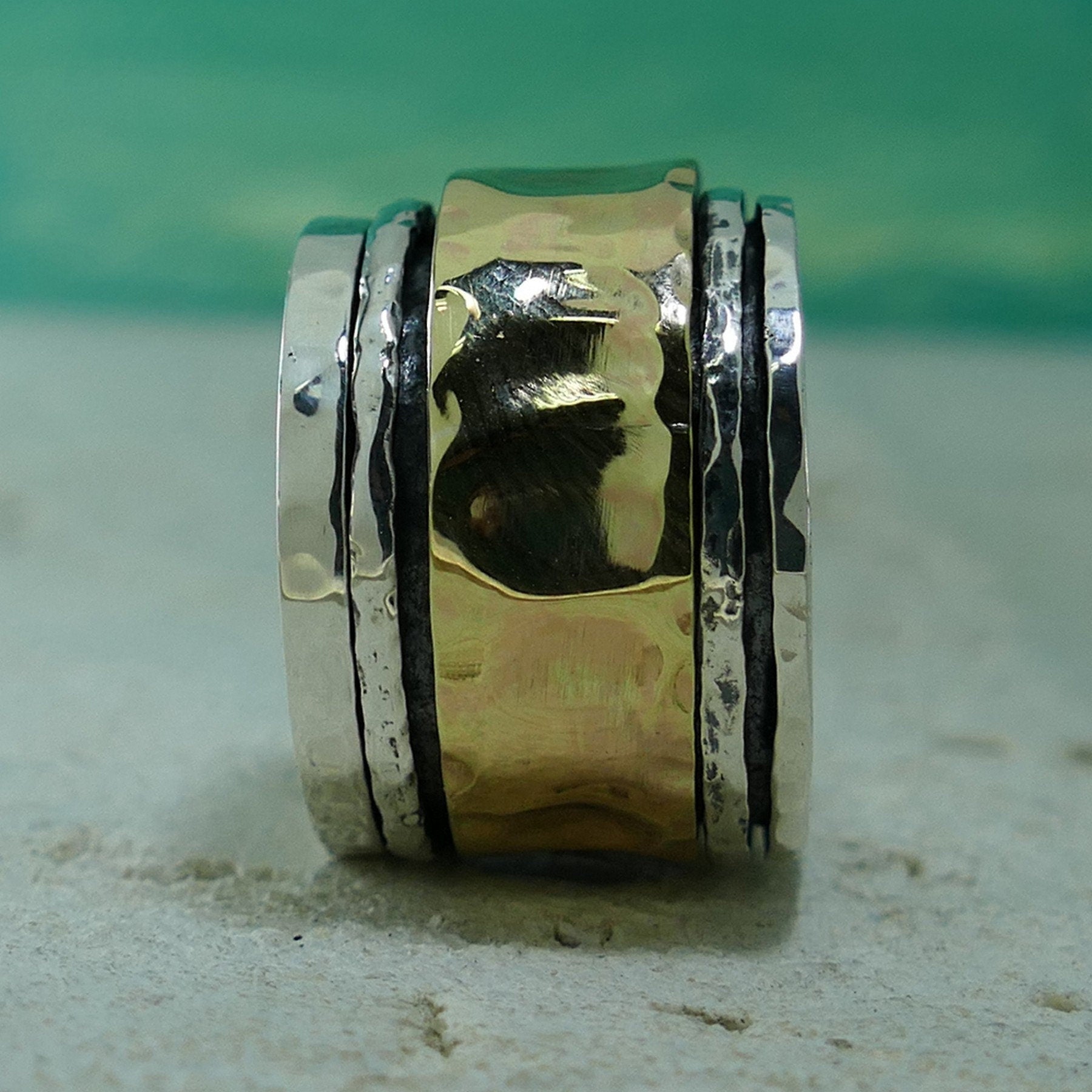 SPIRA Handcrafted Unique Design Two Tone Solid 9k Yellow Gold & 925 Sterling Silver Spinner Ring, Gypsy ring, Bohemian ring, Hippie ring