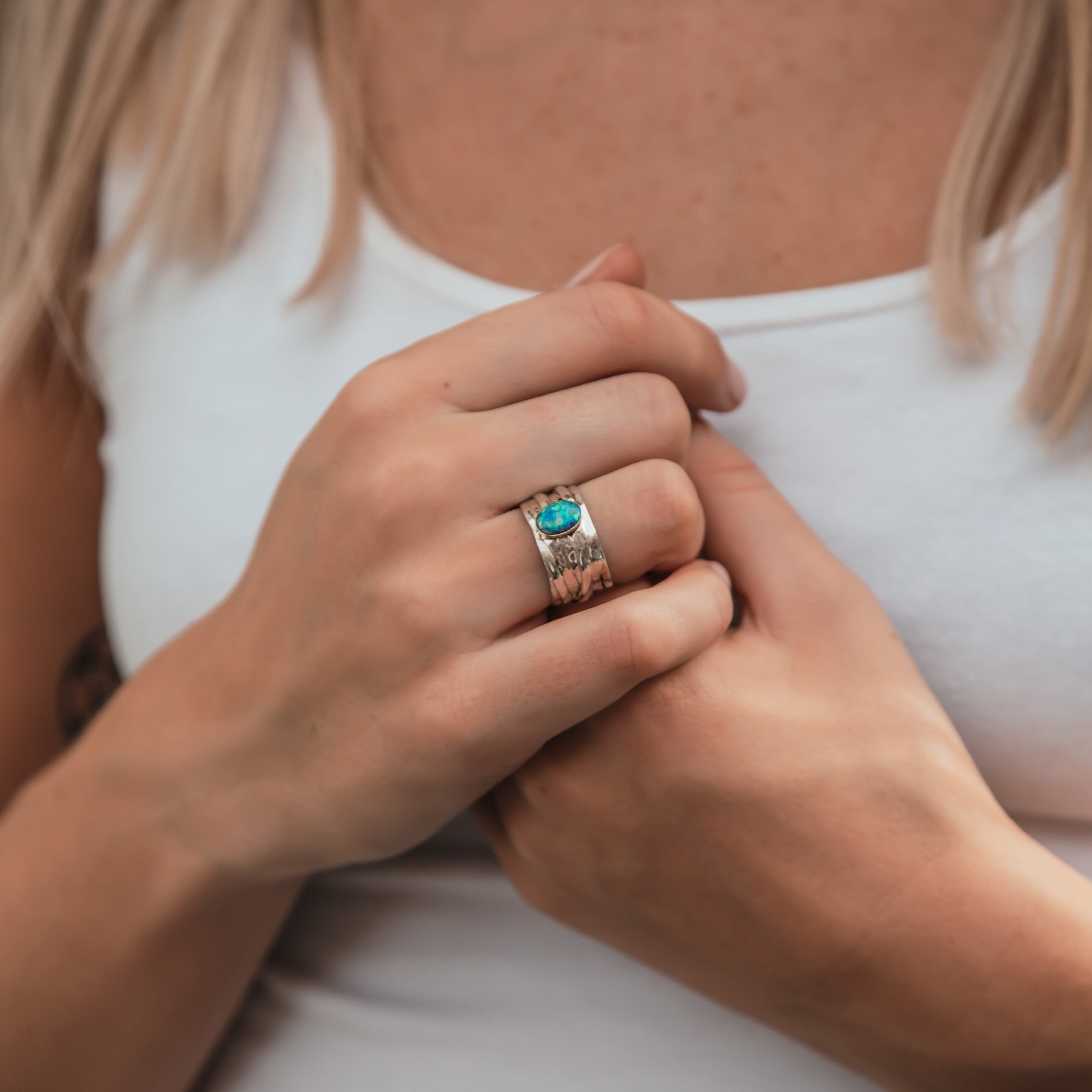 Unique Blue Opal Ring - Mixed Metal Wrap Ring in 9k Gold & Silver, Two Tone Solid 9k Yellow Gold & 925 Sterling Silver Wrap Ring