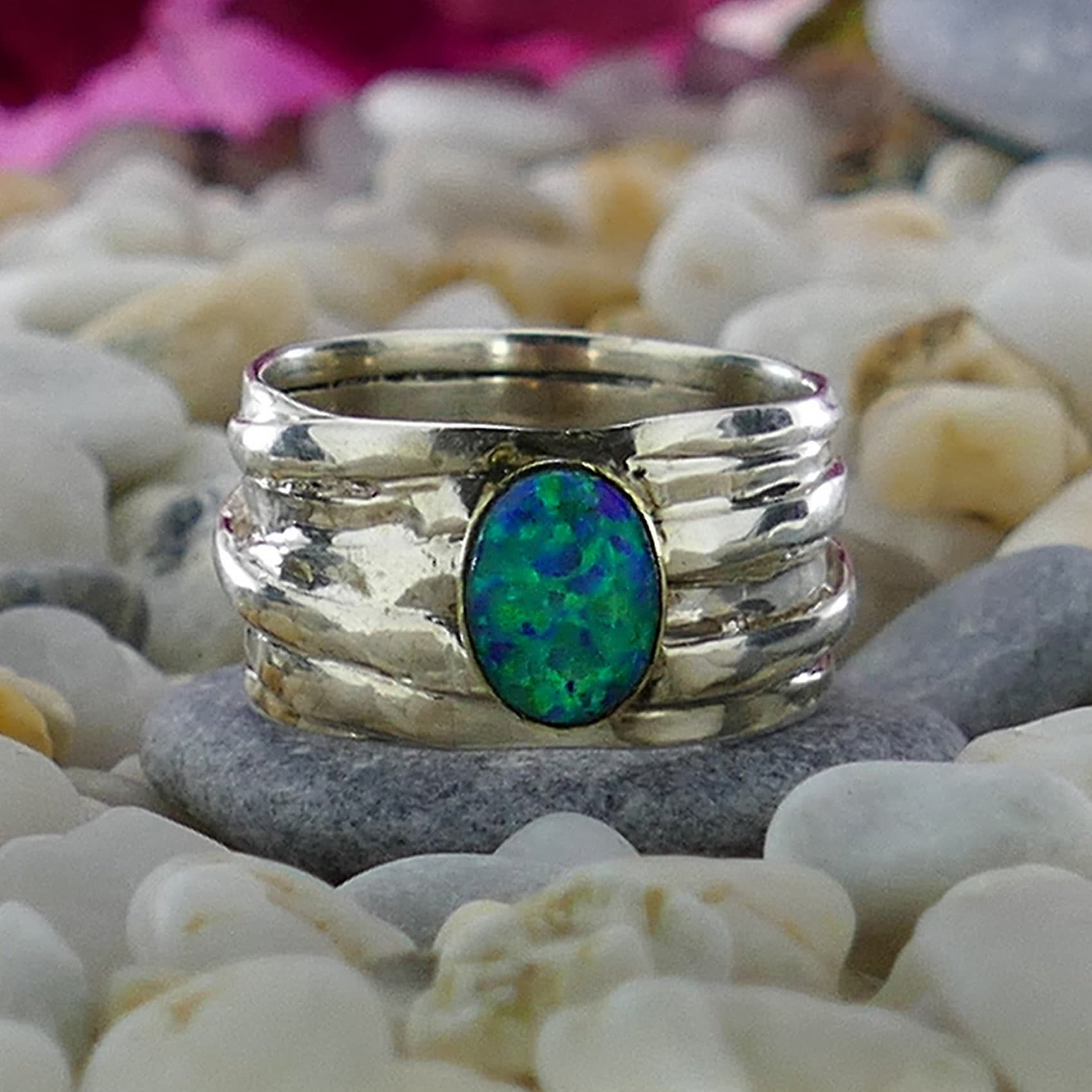 Unique Blue Opal Ring - Mixed Metal Wrap Ring in 9k Gold & Silver, Two Tone Solid 9k Yellow Gold & 925 Sterling Silver Wrap Ring