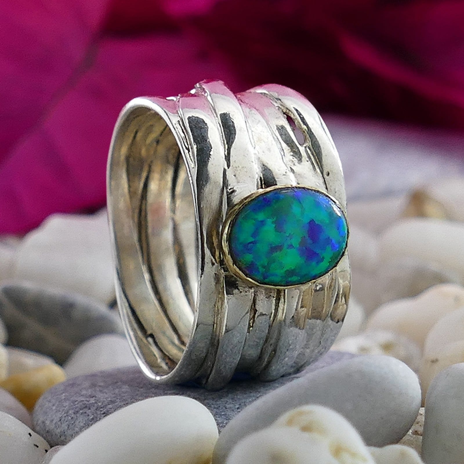 Unique Blue Opal Ring - Mixed Metal Wrap Ring in 9k Gold & Silver, Two Tone Solid 9k Yellow Gold & 925 Sterling Silver Wrap Ring
