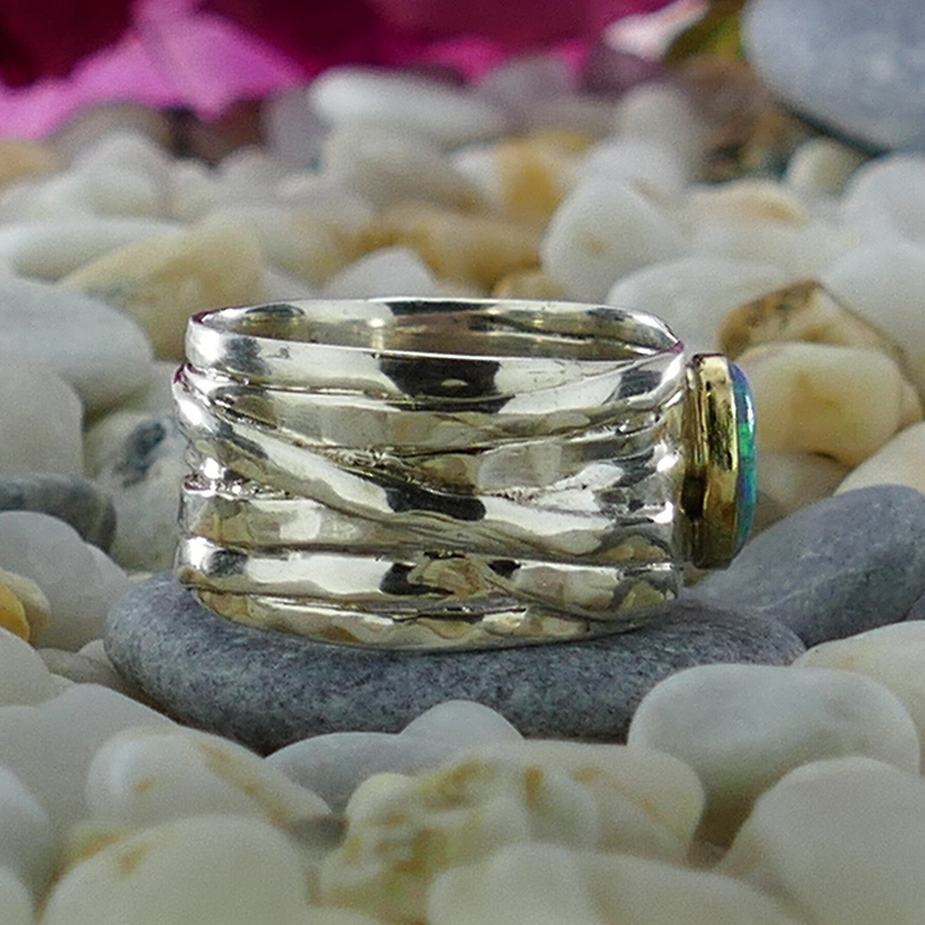 Unique Blue Opal Ring - Mixed Metal Wrap Ring in 9k Gold & Silver, Two Tone Solid 9k Yellow Gold & 925 Sterling Silver Wrap Ring