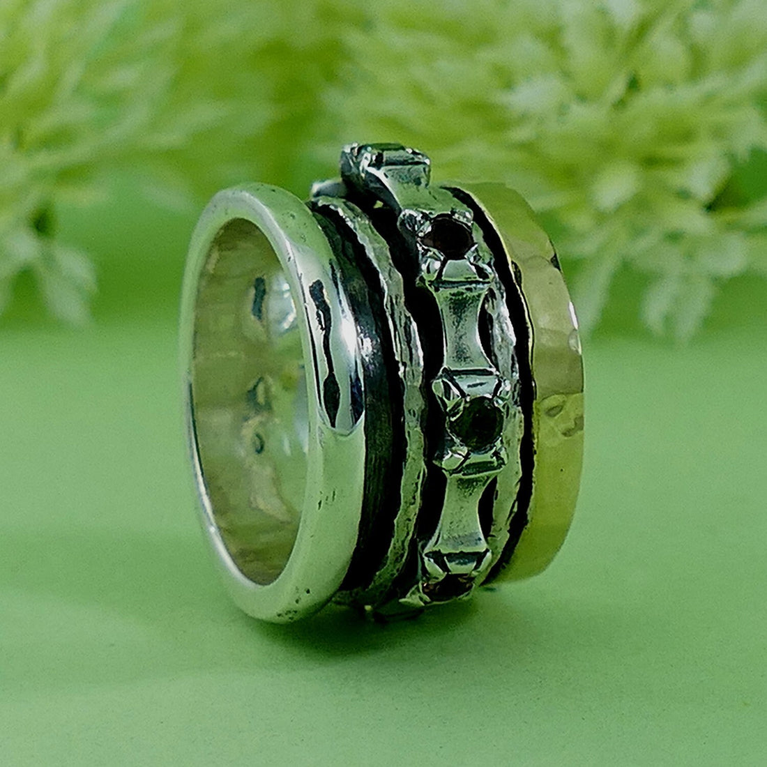 1.12 Carat Natural Multi-Color Tourmaline Gemstone Two Tone Solid 9k Yellow Gold & 925 Sterling Silver Spinner Ring Setting,Mixed metal ring