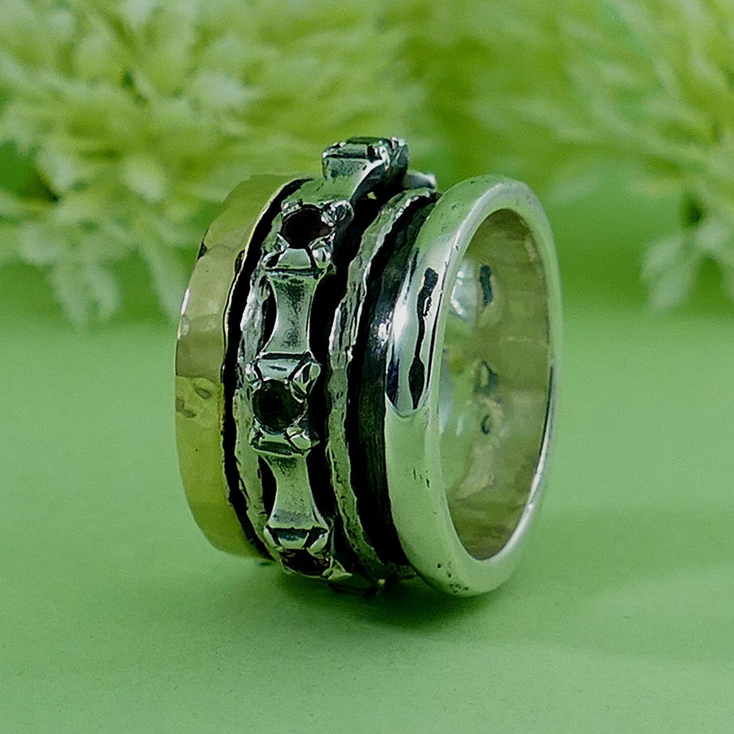 1.12 Carat Natural Multi-Color Tourmaline Gemstone Two Tone Solid 9k Yellow Gold & 925 Sterling Silver Spinner Ring Setting,Mixed metal ring