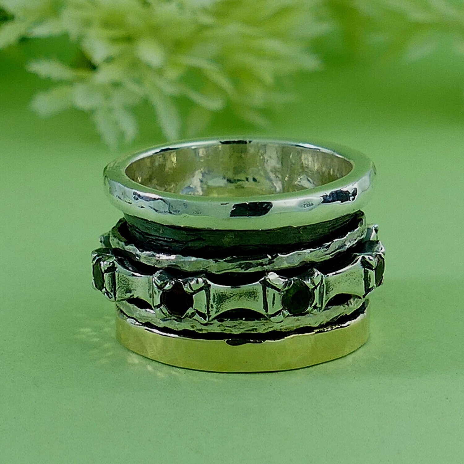1.12 Carat Natural Multi-Color Tourmaline Gemstone Two Tone Solid 9k Yellow Gold & 925 Sterling Silver Spinner Ring Setting,Mixed metal ring