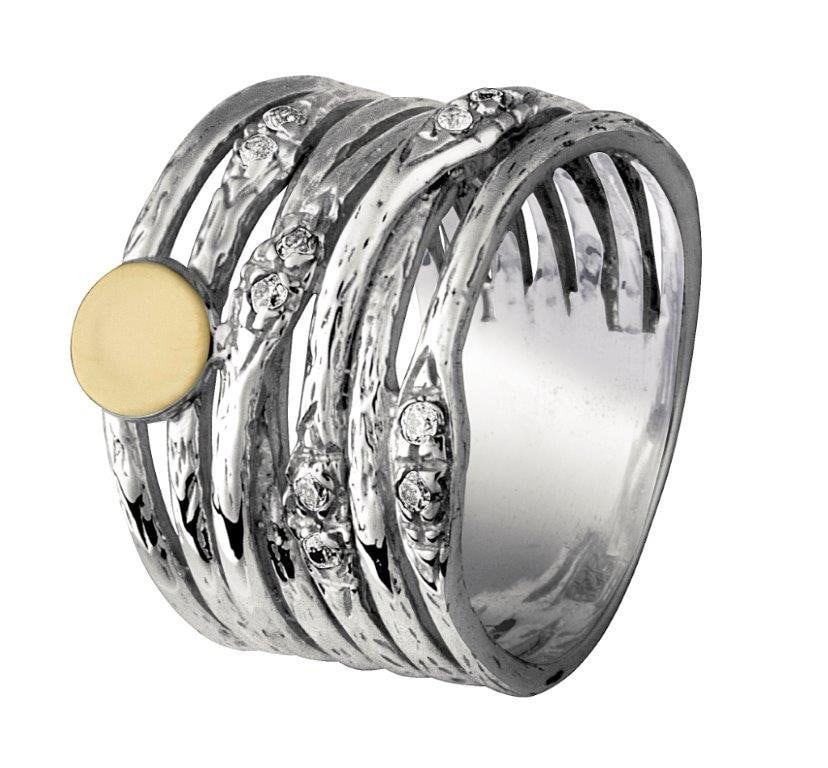 Sparkling Ring Two Tone Solid 9k Yellow Gold and 925 Sterling Silver Wrap Ring Cubic Zirconia Stone Set Setting, Large ring,Mixed metal ring