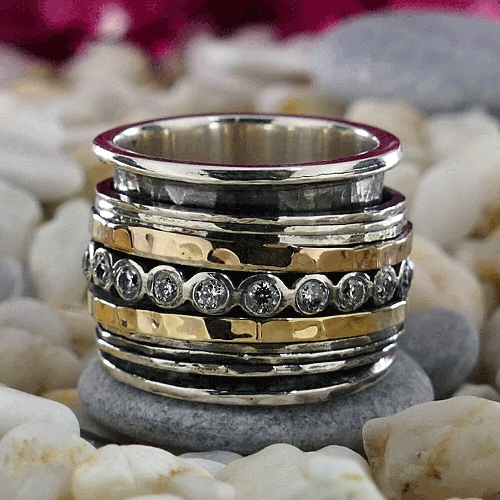 Mixed Metal Spinner Ring Cubic Zirconia Stone Two Tone Solid 9k Yellow and Rose Gold 925 Sterling Silver Set Setting, Oxidized Fidget ring