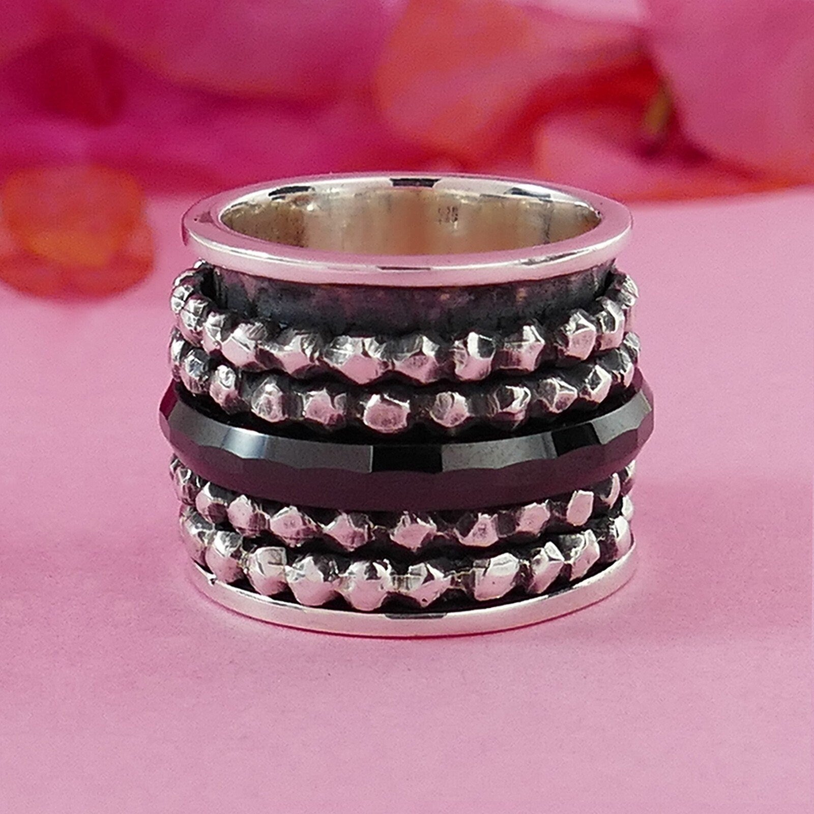 Wide Black Ceramic 925 Sterling Silver Spinner Ring