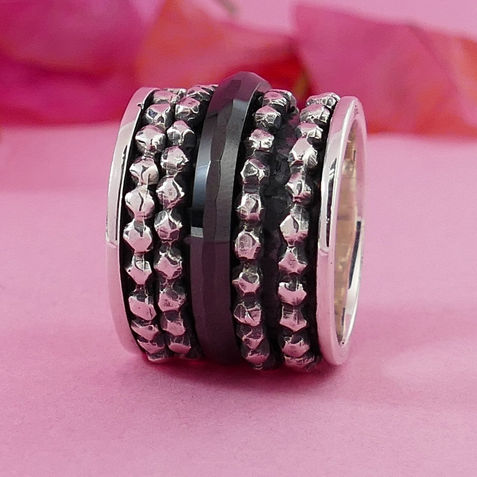Wide Black Ceramic 925 Sterling Silver Spinner Ring