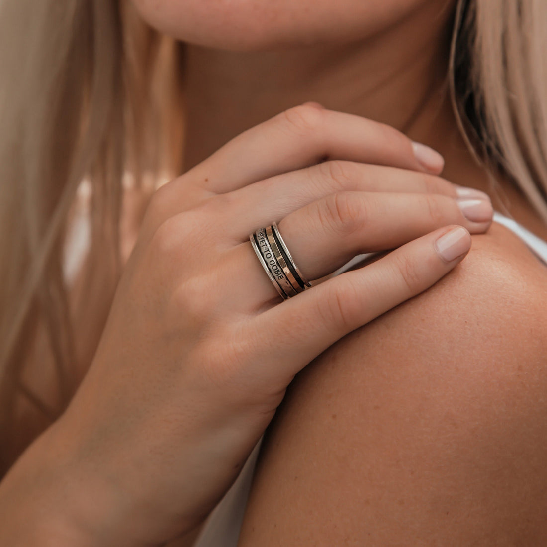 SPIRA Handcrafted Contemporary Design Two Tone Solid 9k Yellow Gold & 925 Sterling Silver Spinner Ring,Gypsy ring,Bohemian ring,Hippie ring