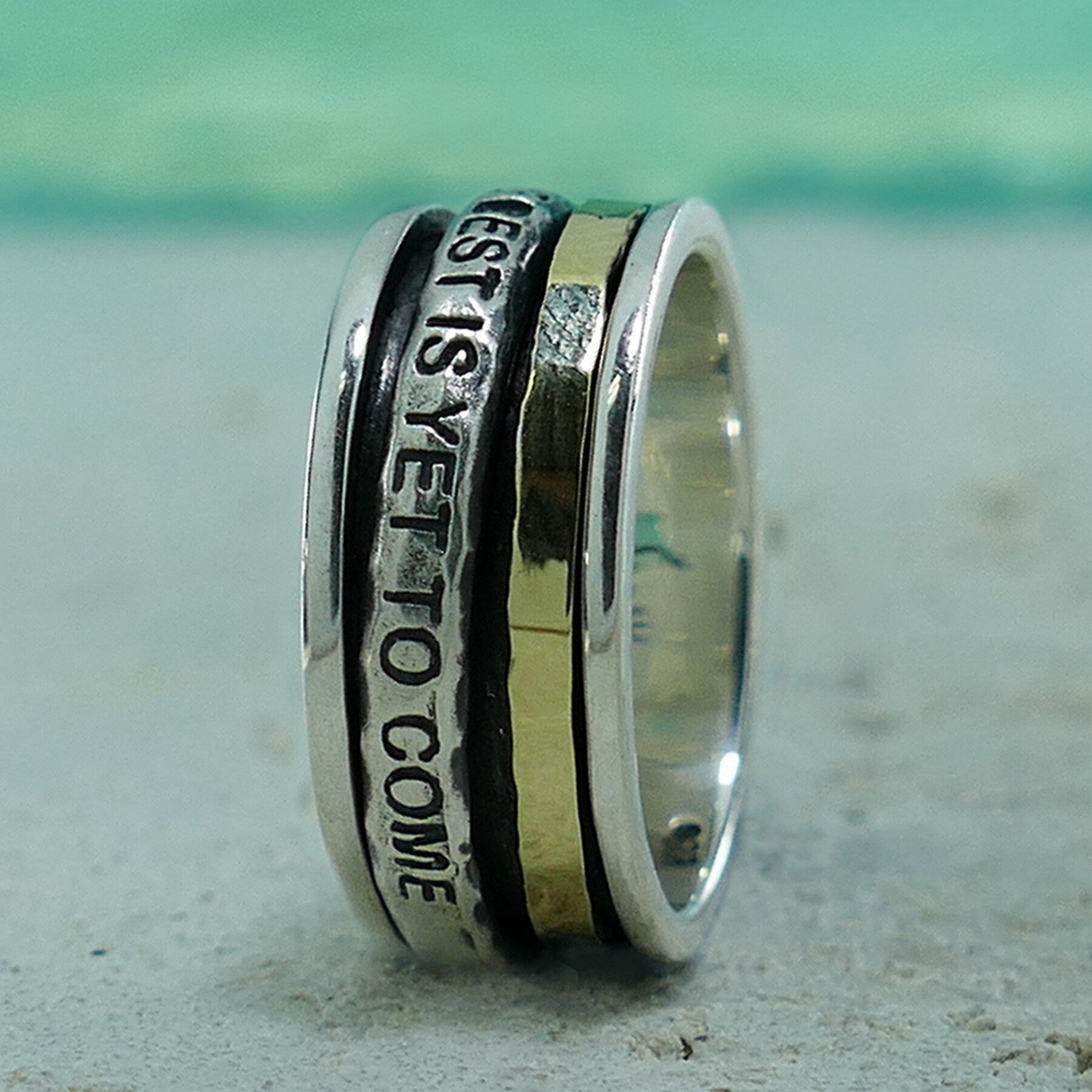 SPIRA Handcrafted Contemporary Design Two Tone Solid 9k Yellow Gold & 925 Sterling Silver Spinner Ring,Gypsy ring,Bohemian ring,Hippie ring