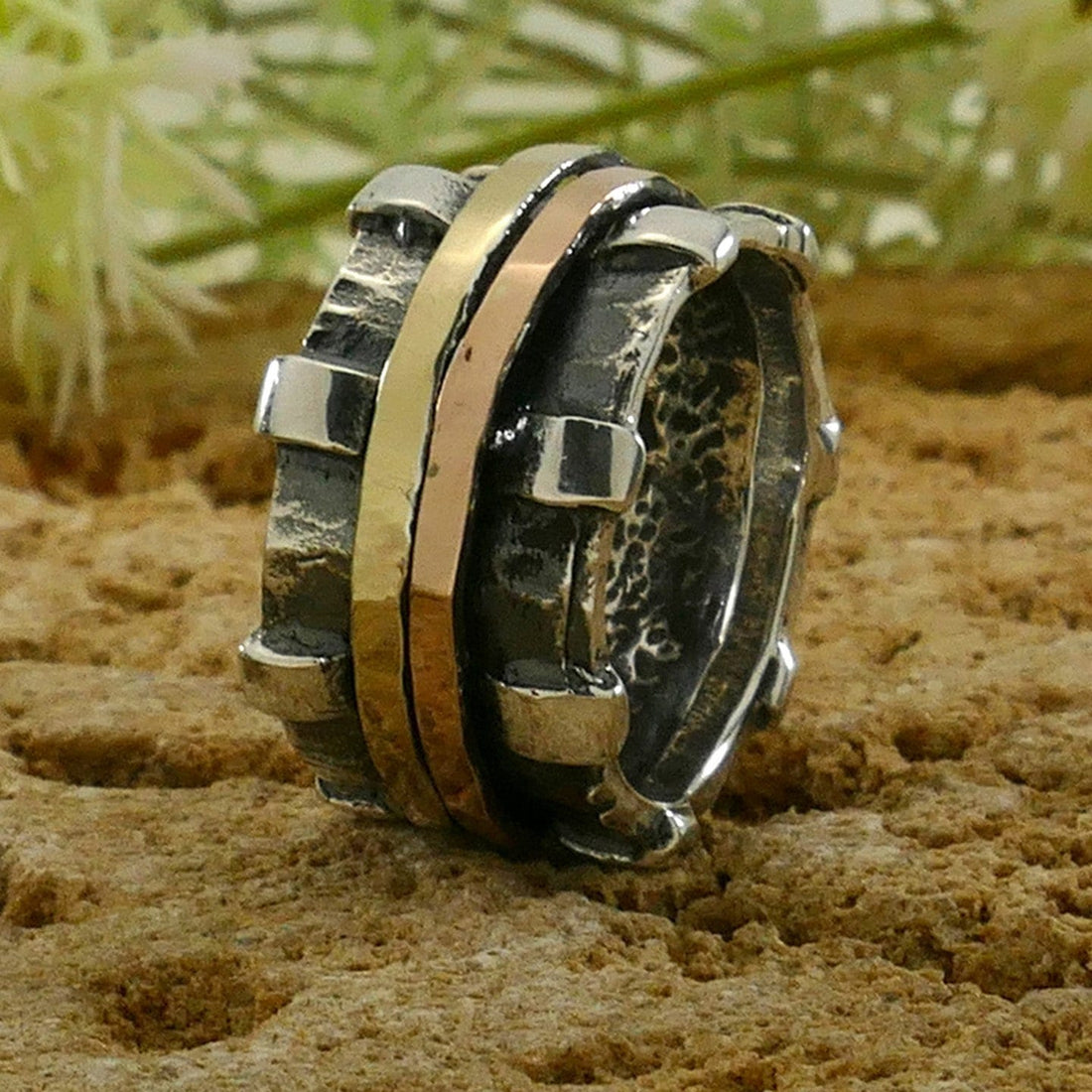 SPIRA Handcrafted Contemporary Design Two Tone Solid 9k Yellow & Rose Gold And 925 Sterling Silver Spinner Ring, Gypsy ring, Bohemian ring