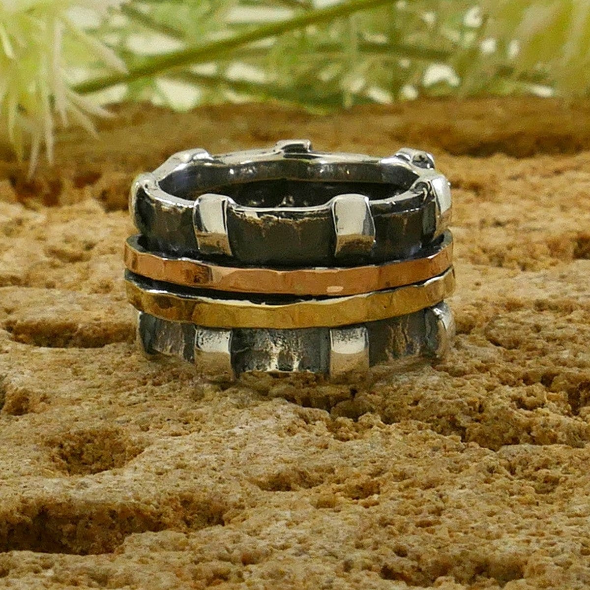SPIRA Handcrafted Contemporary Design Two Tone Solid 9k Yellow & Rose Gold And 925 Sterling Silver Spinner Ring, Gypsy ring, Bohemian ring