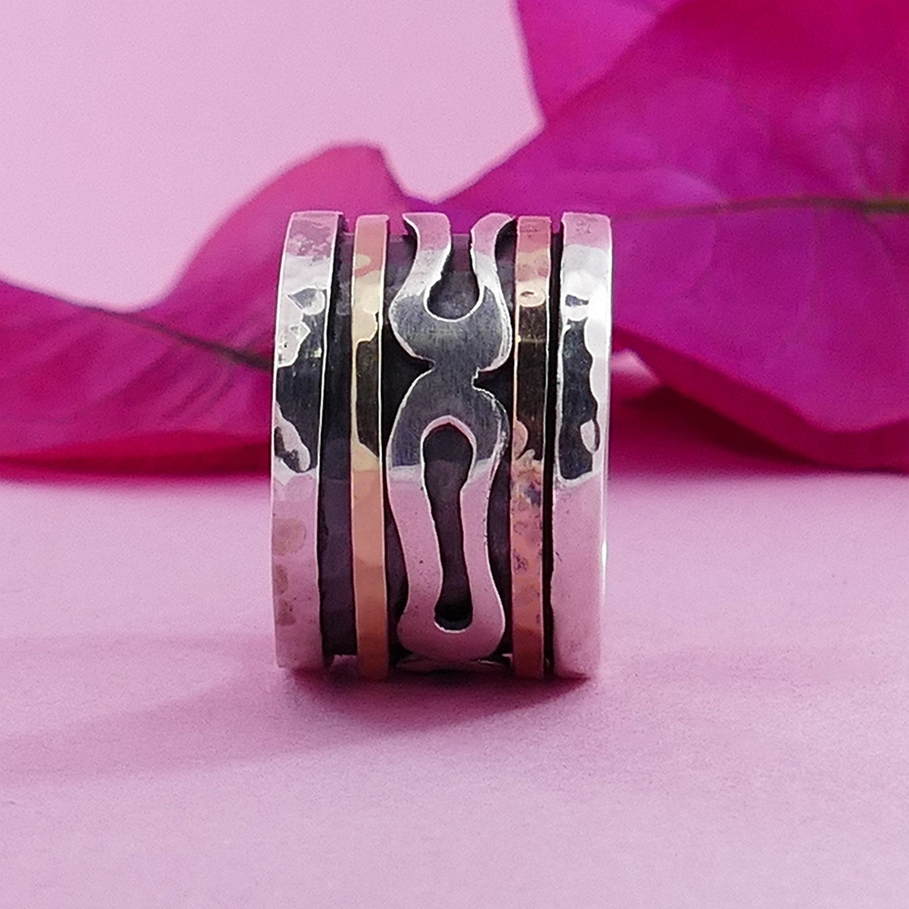 SPIRA Handcrafted Contemporary Design Two Tone Solid 9k Yellow & Rose Gold And 925 Sterling Silver Spinner Ring, Oxidized Silver Fidget ring