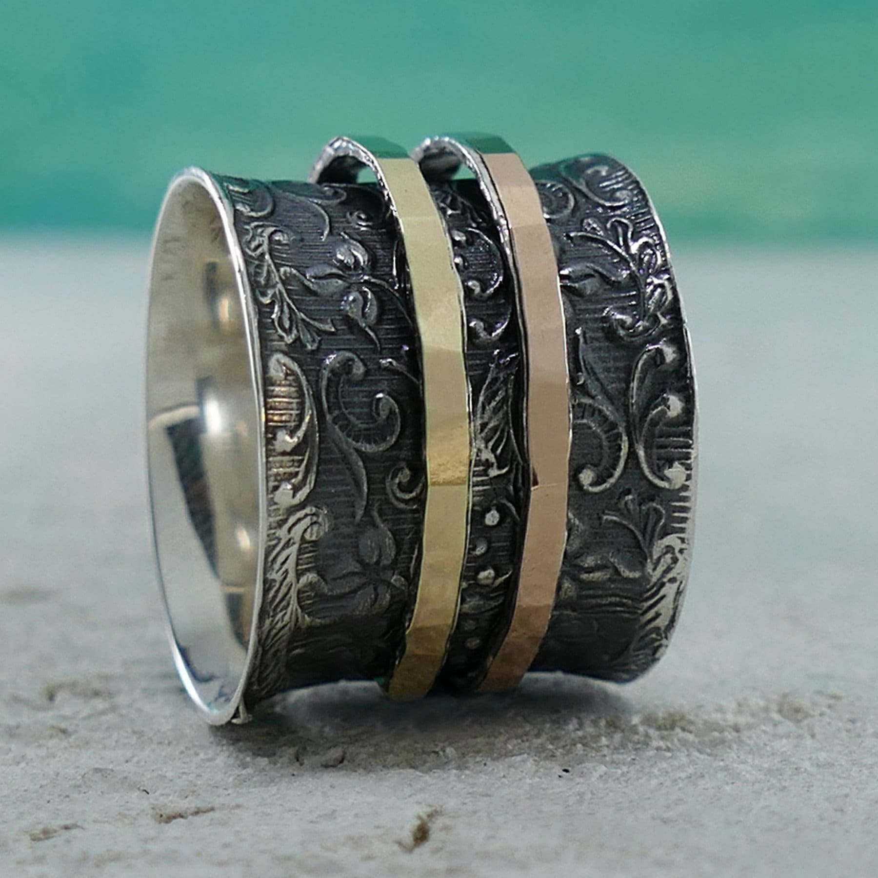 SPIRA Unique Handcrafted Vintage Design Two Tone Solid 9k Yellow & Rose Gold And 925 Sterling Silver Spinner Ring,Oxidized Silver worry ring