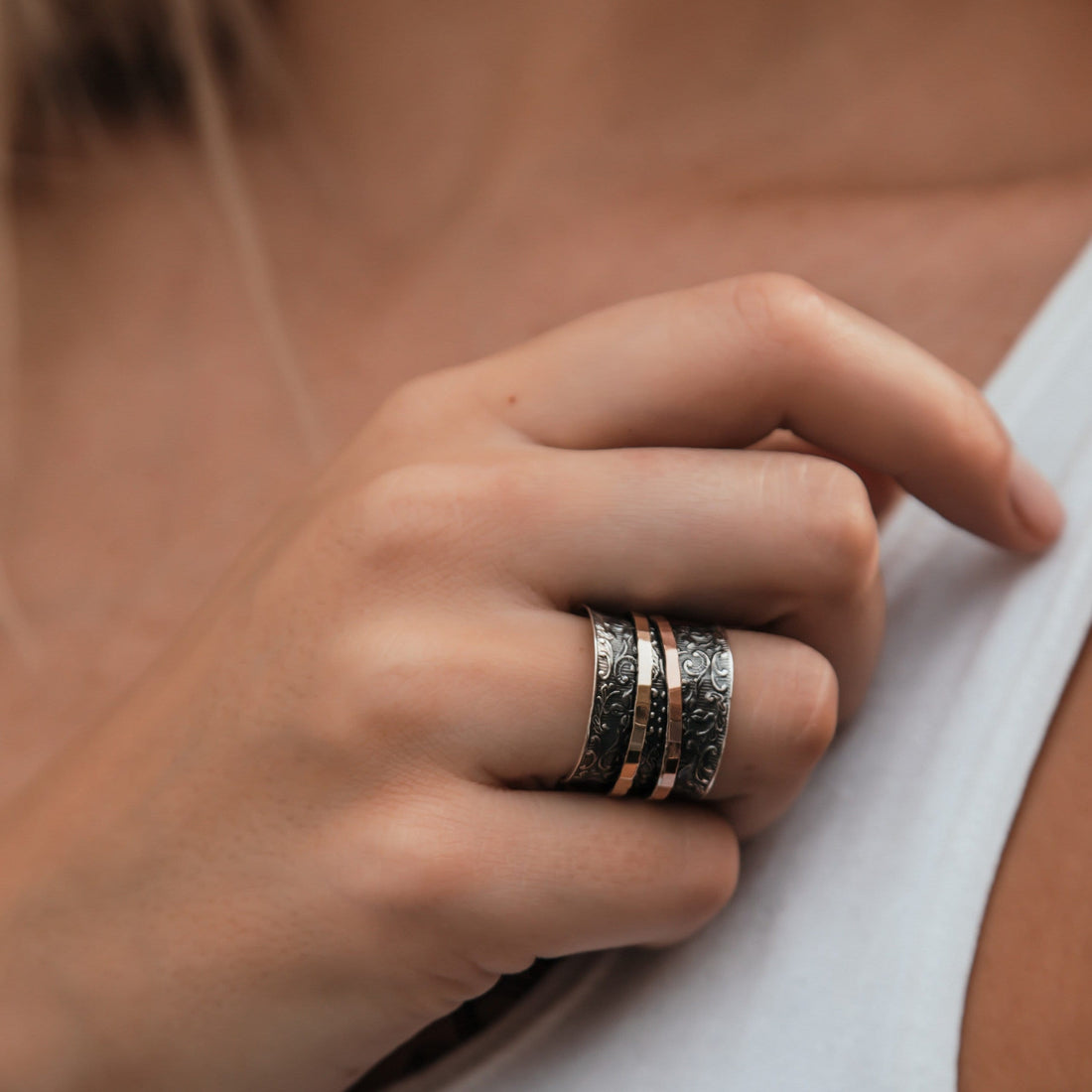 SPIRA Unique Handcrafted Vintage Design Two Tone Solid 9k Yellow & Rose Gold And 925 Sterling Silver Spinner Ring,Oxidized Silver worry ring