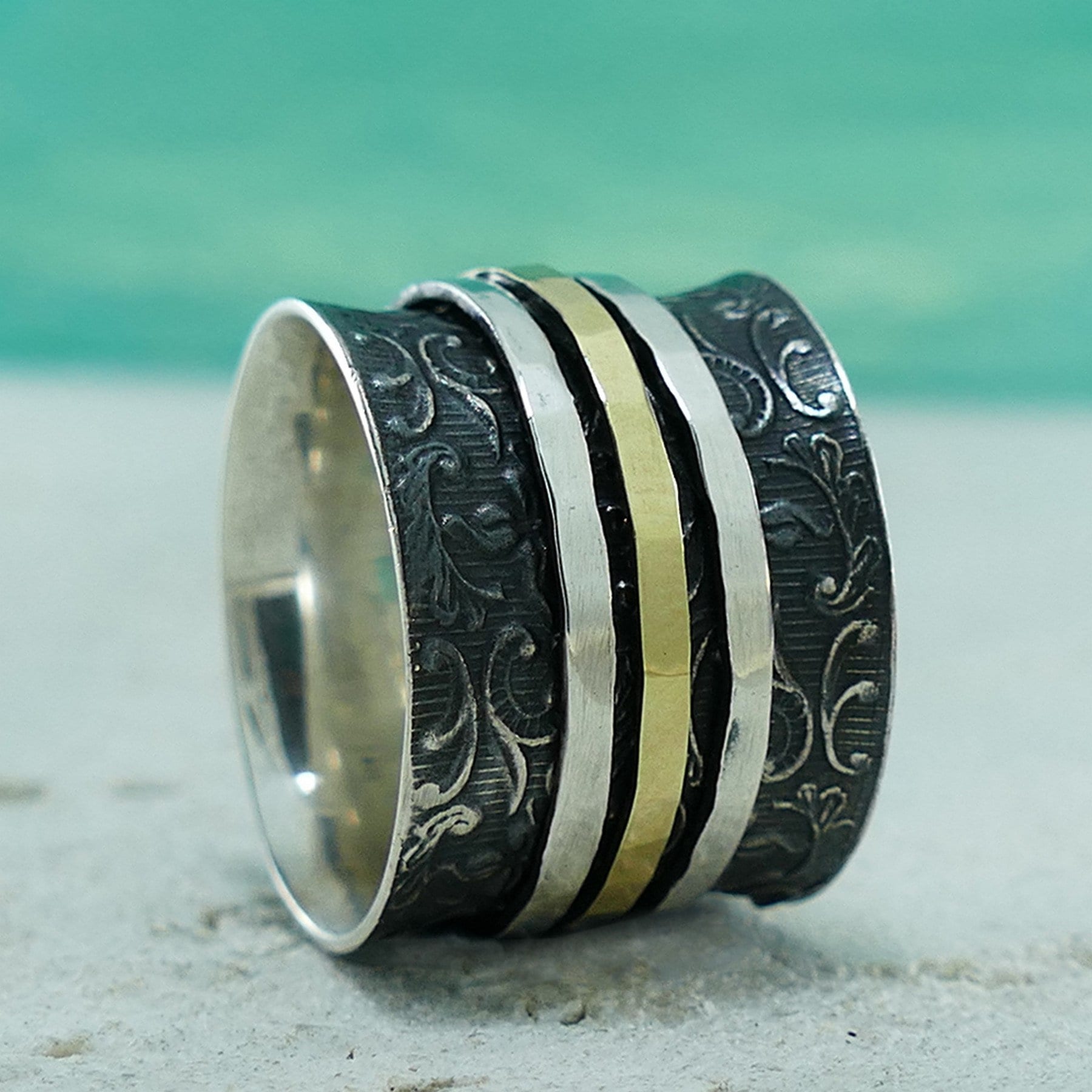 SPIRA Handcrafted Vintage Design Two Tone Solid 9k Yellow Gold And 925 Sterling Silver Spinner Ring, Oxidized Silver Fidget ring, Worry ring