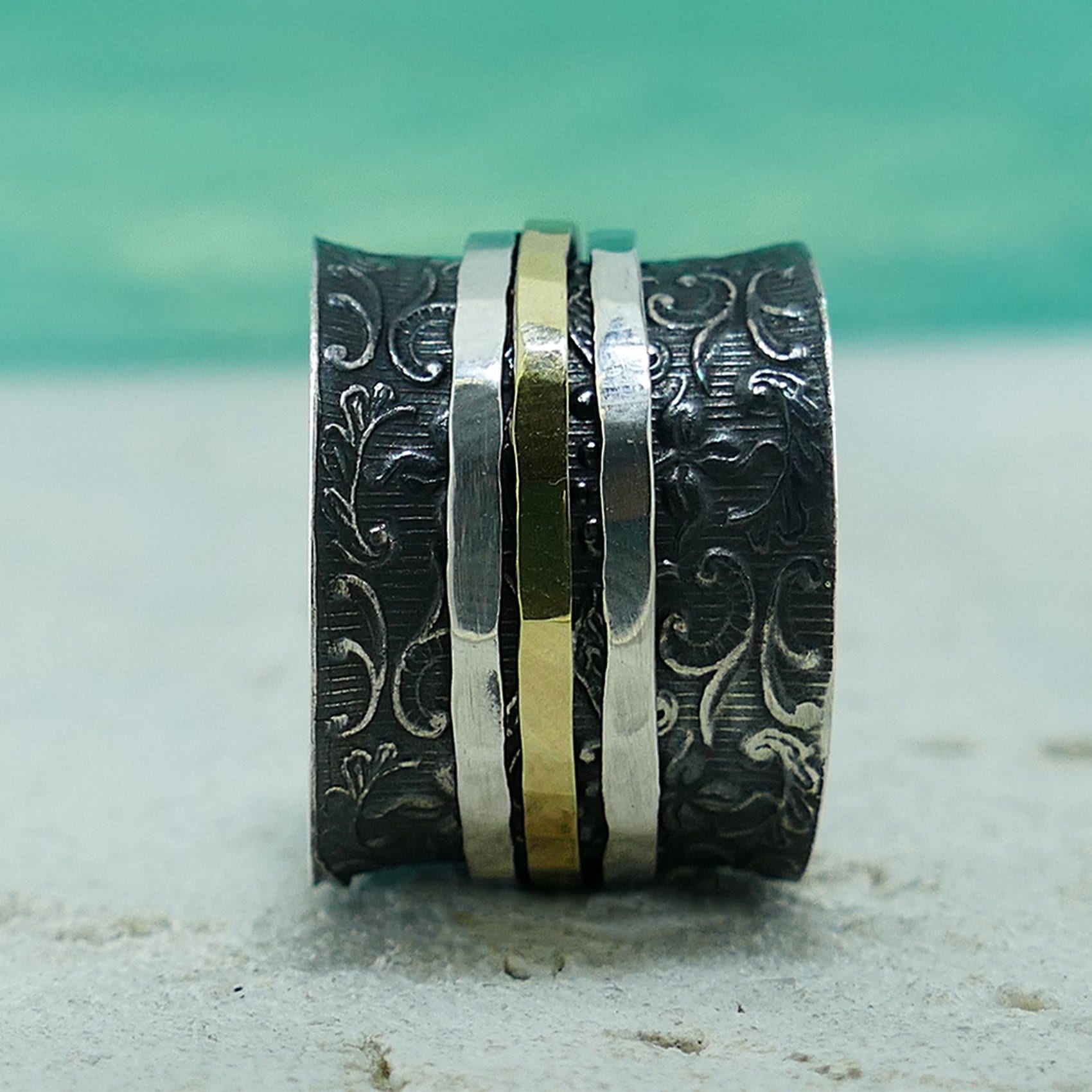 SPIRA Handcrafted Vintage Design Two Tone Solid 9k Yellow Gold And 925 Sterling Silver Spinner Ring, Oxidized Silver Fidget ring, Worry ring