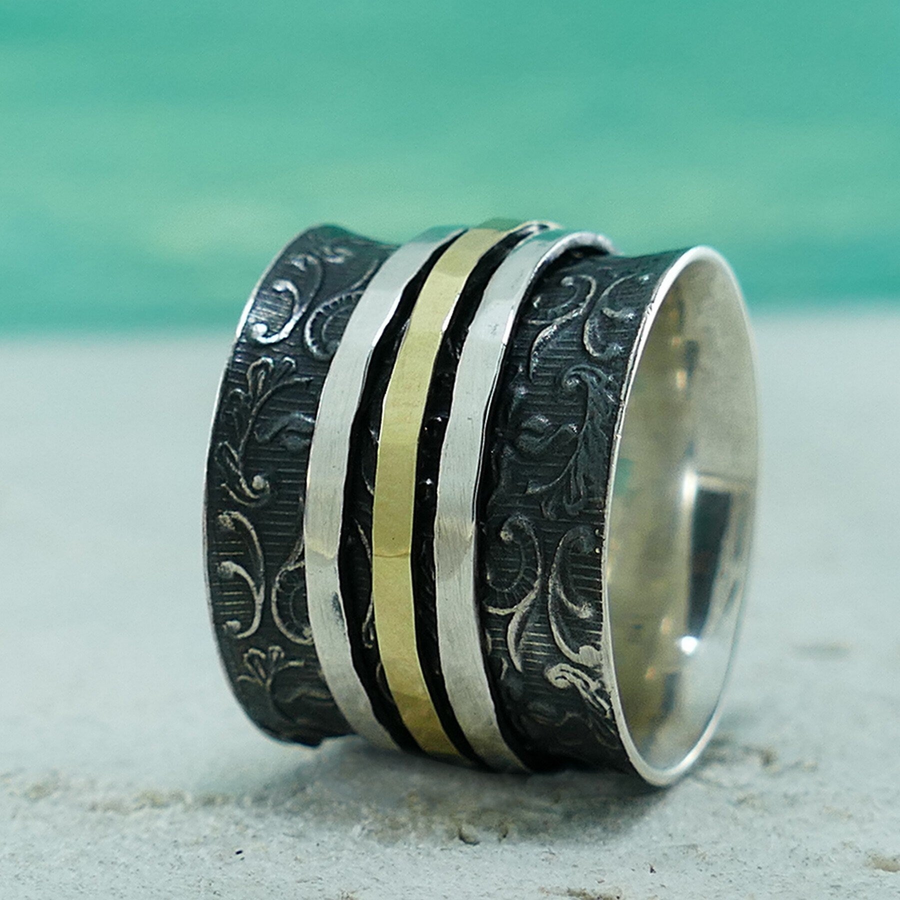 SPIRA Handcrafted Vintage Design Two Tone Solid 9k Yellow Gold And 925 Sterling Silver Spinner Ring, Oxidized Silver Fidget ring, Worry ring